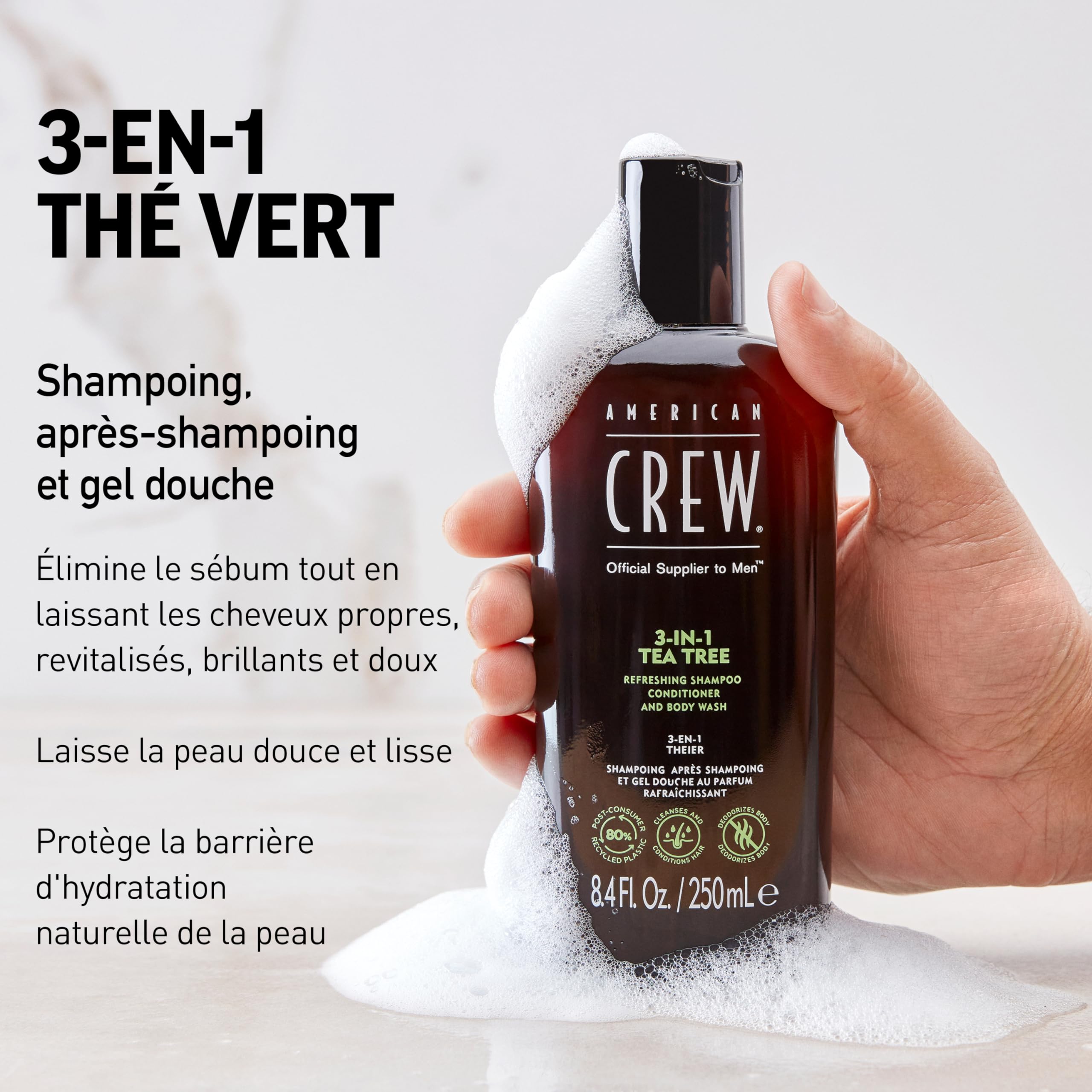 AMERICAN CREW 3‑IN‑1 Tea Tree: cabellos limpios, brillantes y suaves.