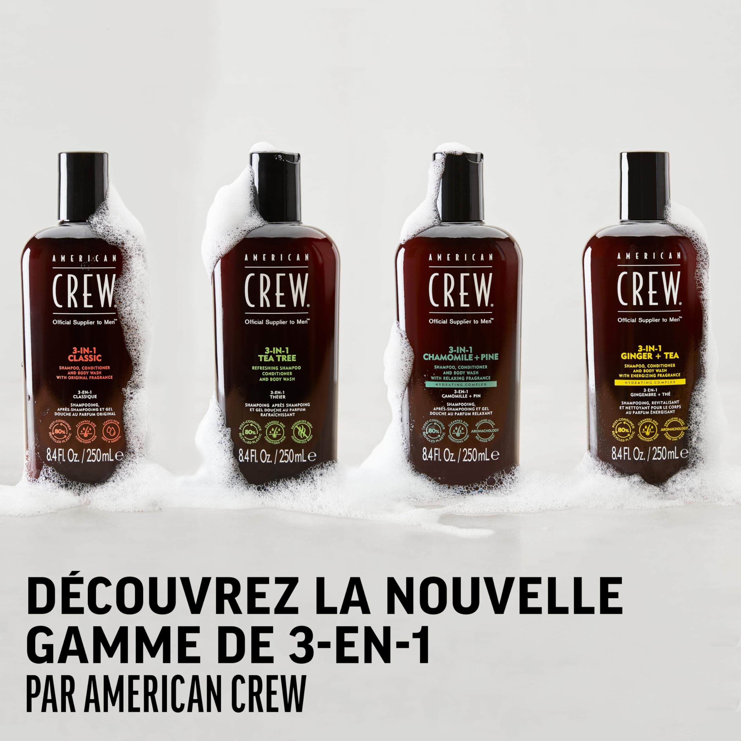 AMERICAN CREW 3‑IN‑1 Tea Tree: envase fabricado con plástico reciclado.