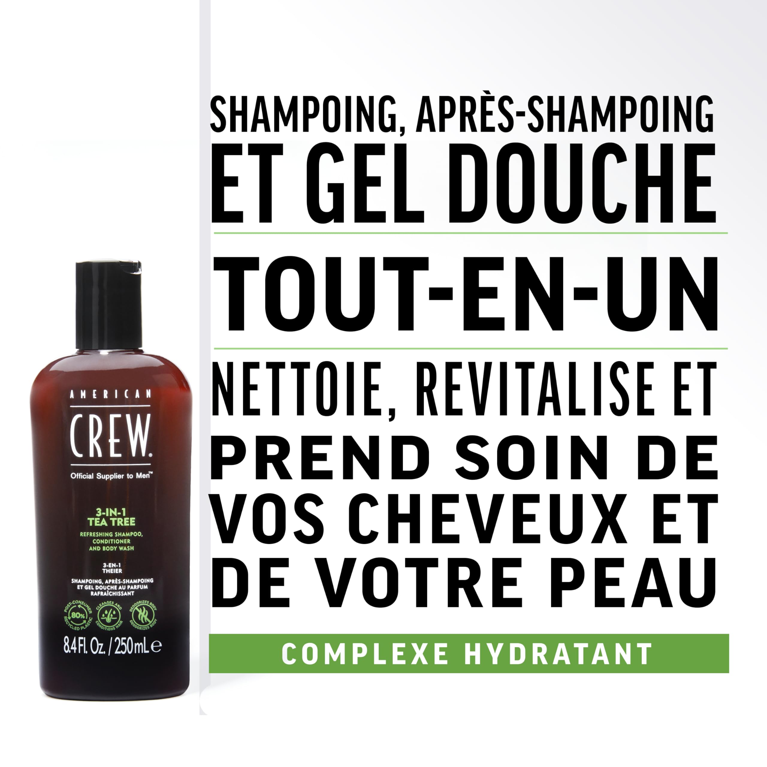 AMERICAN CREW 3‑IN‑1 Tea Tree: uso rápido en ducha para cuerpo y cabello.