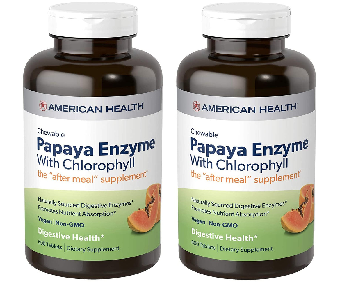 American Health Papaya Enzyme frente al empaque, práctico para después de comer.
