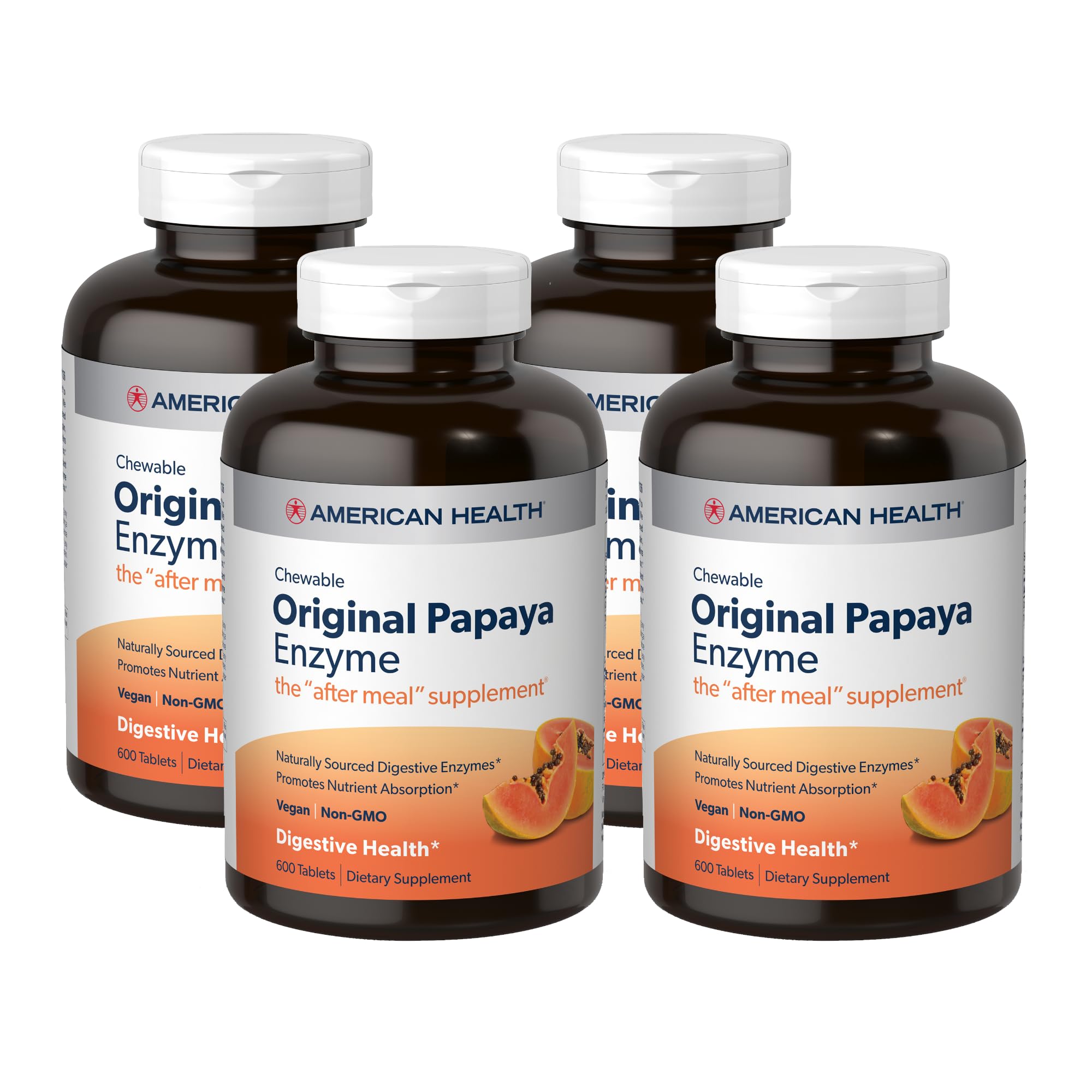 Frasco de American Health Papaya Enzyme Original con tabletas masticables para después de las comidas.