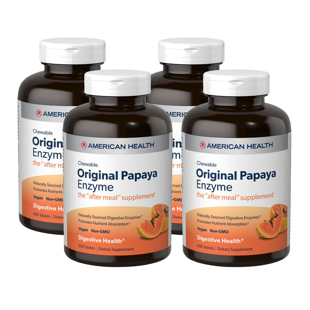 Frasco de American Health Papaya Enzyme Original con tabletas masticables para después de las comidas.