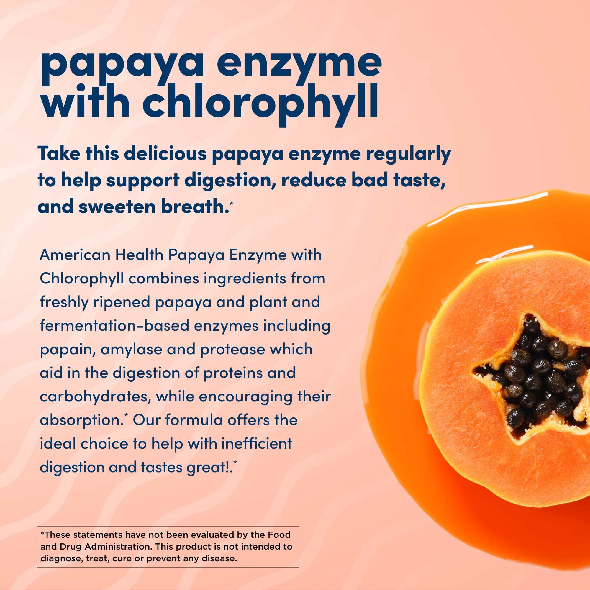 American Health Papaya Enzyme: tabletas masticables para apoyar digestión diaria.