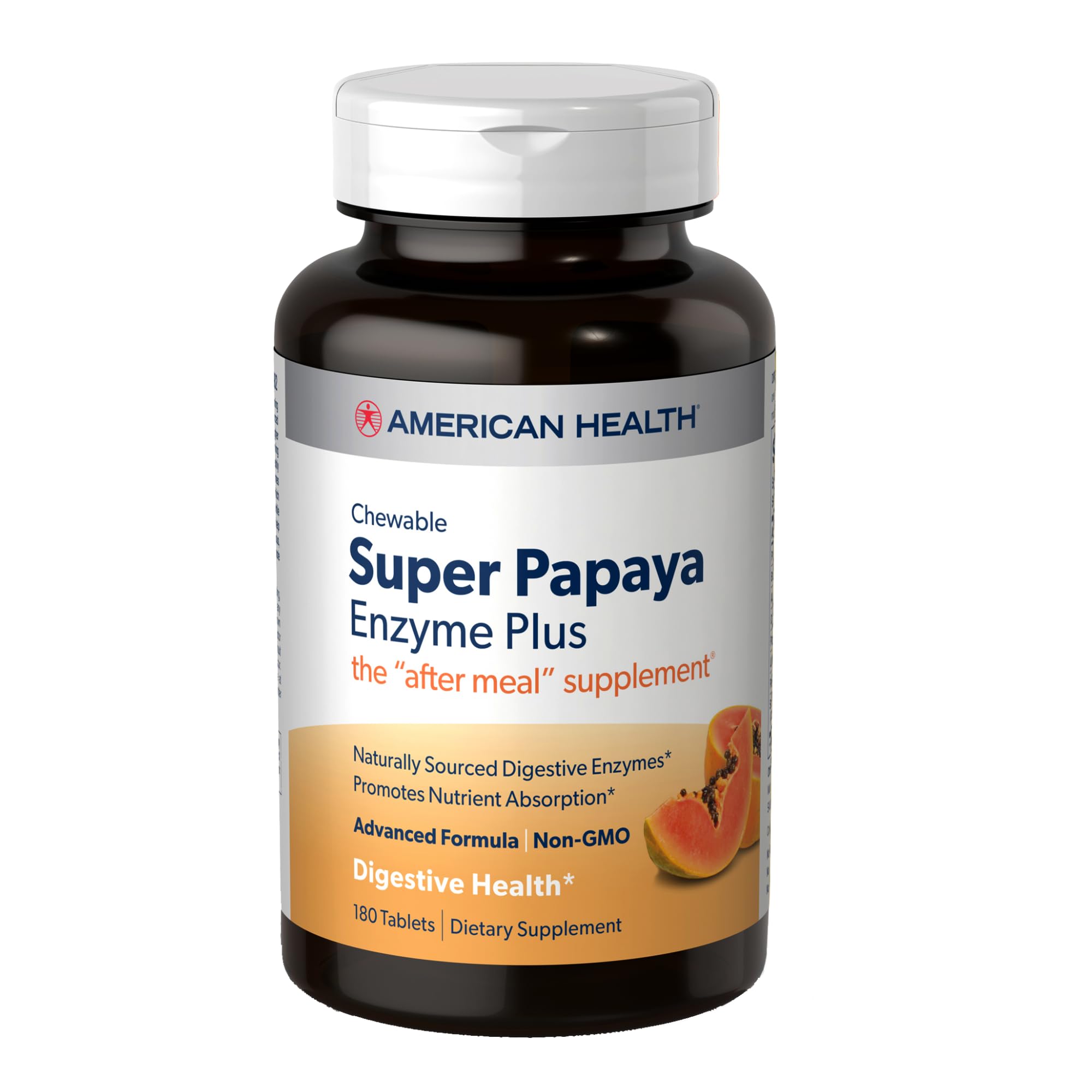 Botella de American Health Super Papaya Enzyme Plus, enfoque en tabletas que apoyan la digestión postcomida