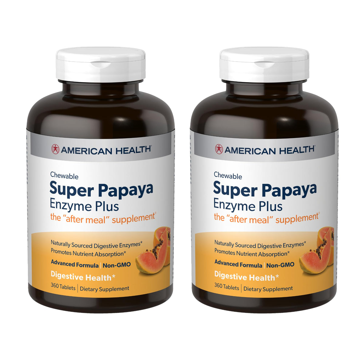 American Health Super Papaya Enzyme Plus, empaque frontal, opción conveniente para apoyo digestivo.