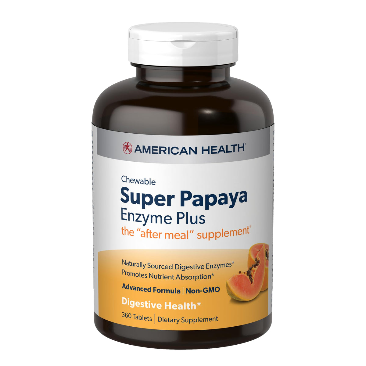 American Health Super Papaya Enzyme Plus tabletas-masticables para apoyar la digestión después de las comidas.