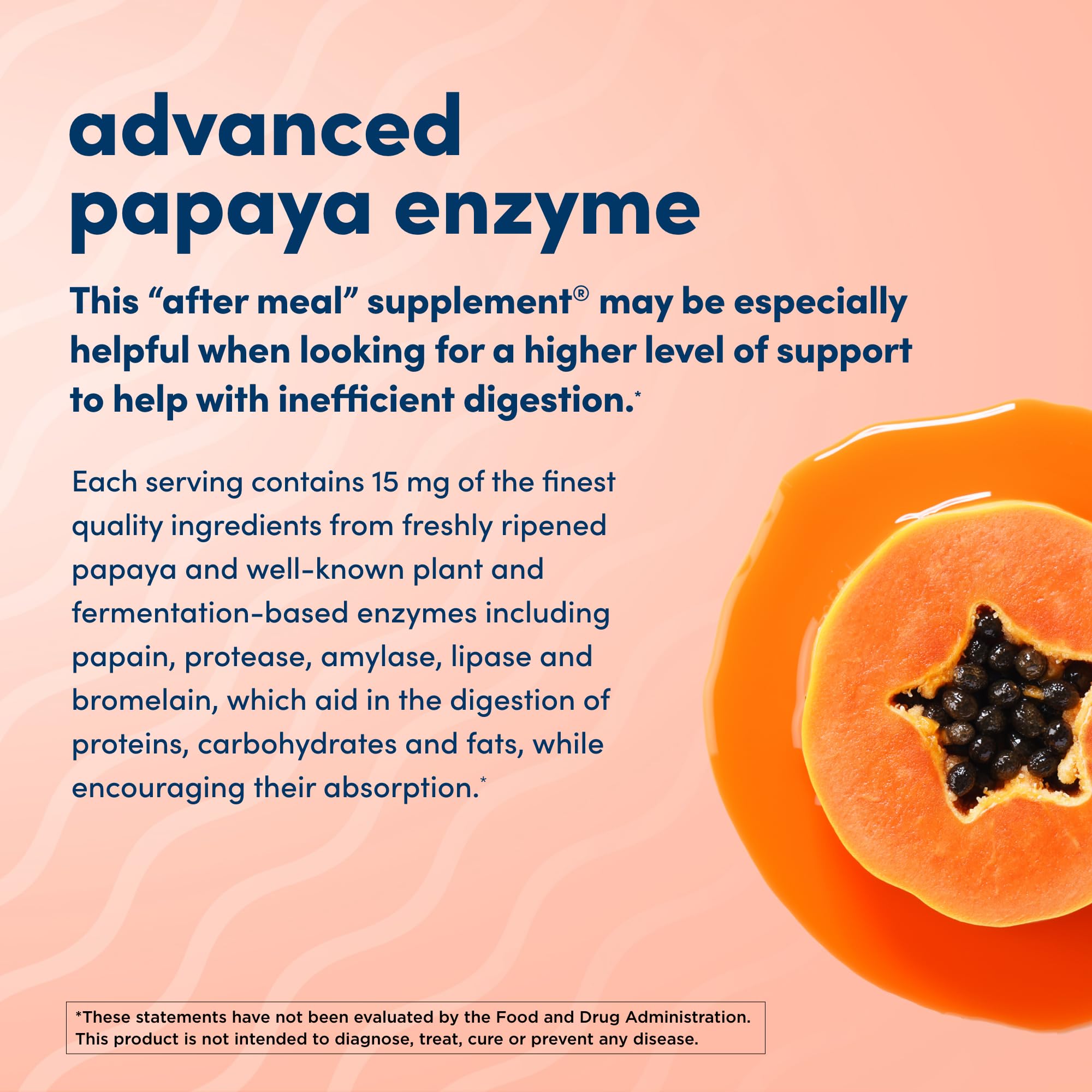 American Health Super Papaya Enzyme Plus, uso tras la comida, apoyo la digestión y absorción de nutrientes.