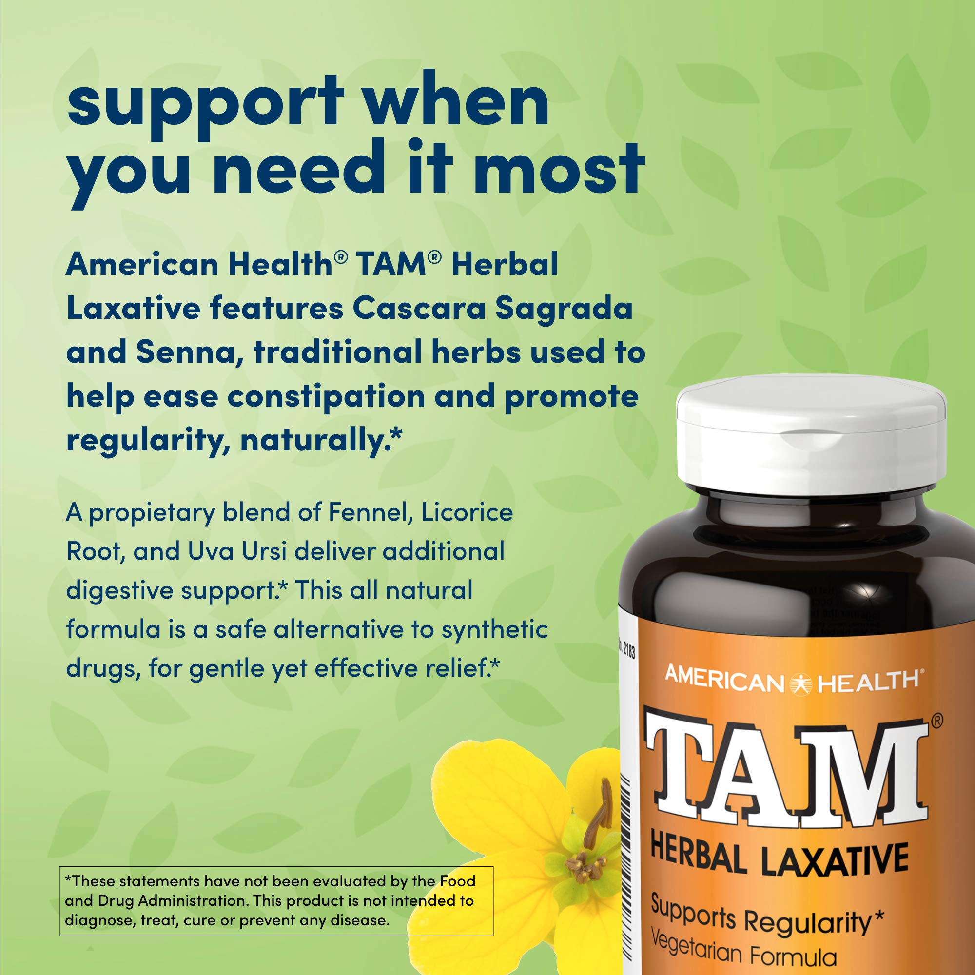 Tam Laxante de American Health, envase muestra fórmula vegetariana y sin gluten.
