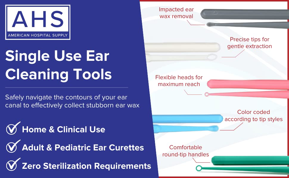 American Hospital Supply uso en casa con curetas para orejas, práctica diaria.