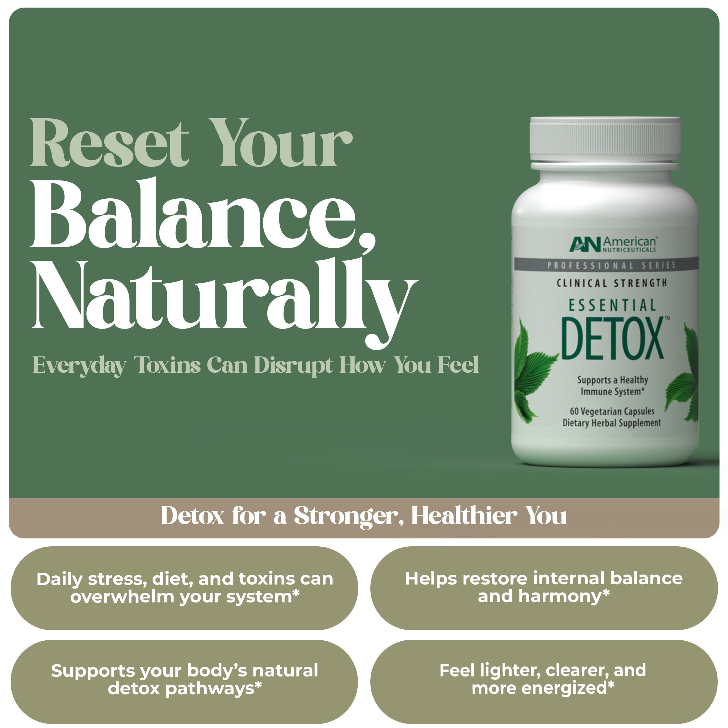 Desintoxicación Esencial de American Nutriceuticals envase: facilita la desintoxicación diaria