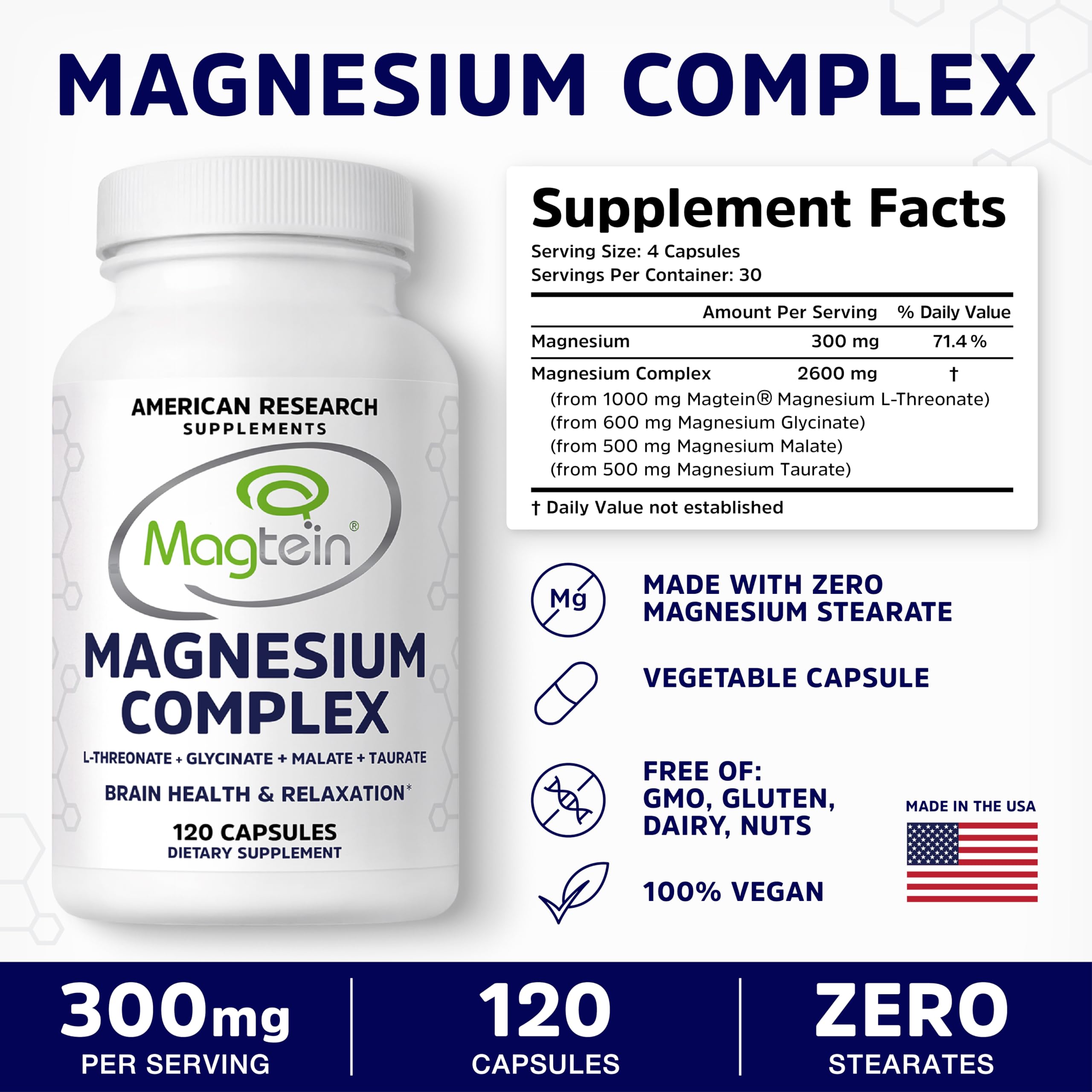 American Research Supplements Magnesium L-Threonate Complex etiqueta clara facilita la rutina nocturna.