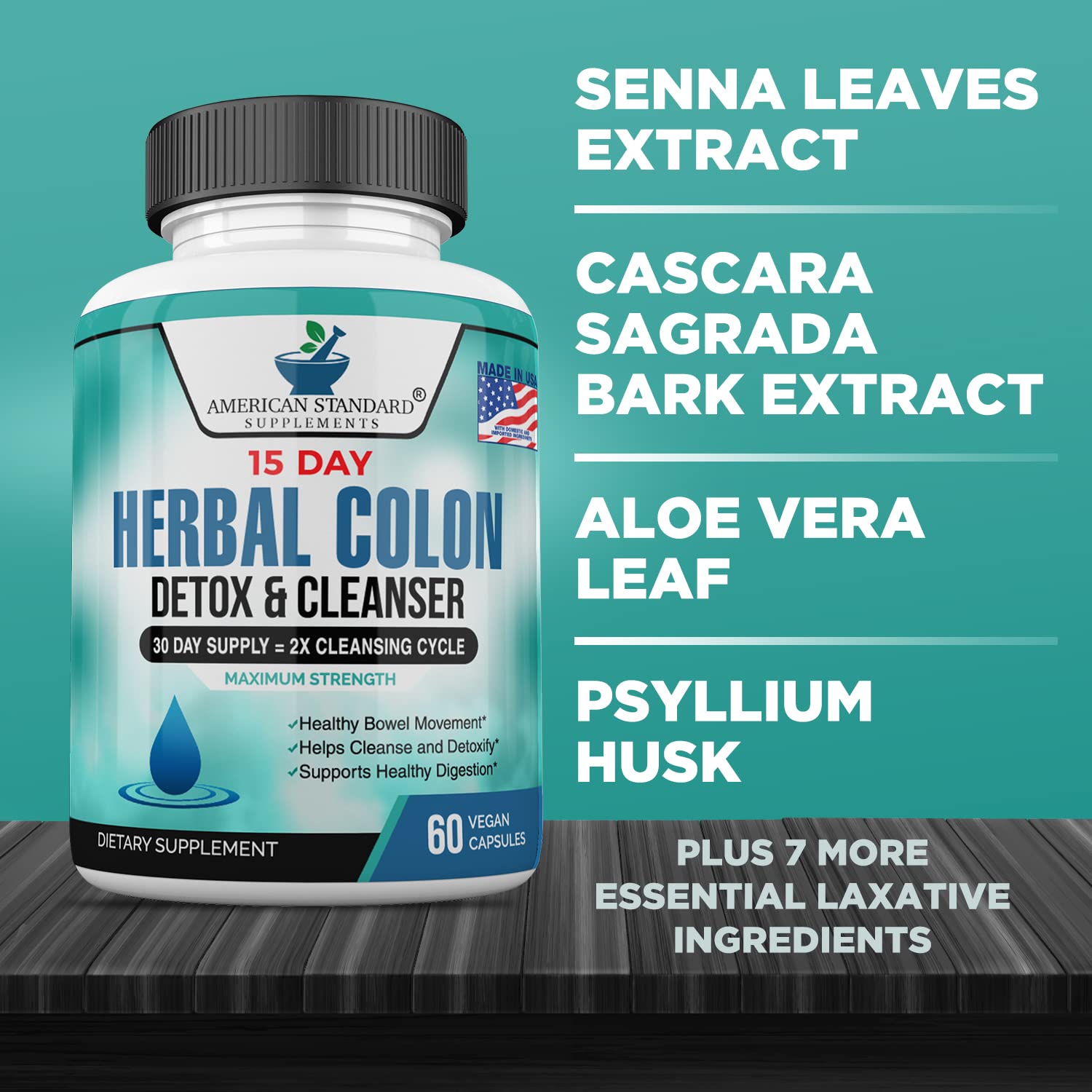 American Standard Supplements Limpieza de colon: ingredientes visibles en la caja para planificación diaria