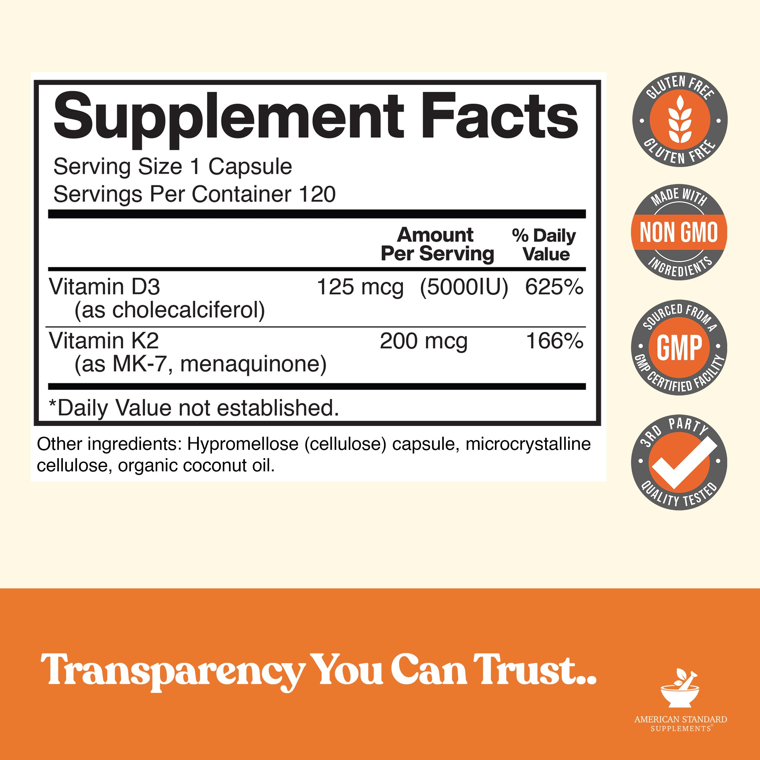American Standard Supplements Vitamina D3 y K2, vista trasera de la etiqueta, información clara.