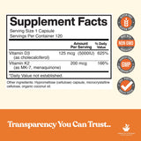 American Standard Supplements Vitamina D3 y K2, vista trasera de la etiqueta, información clara.