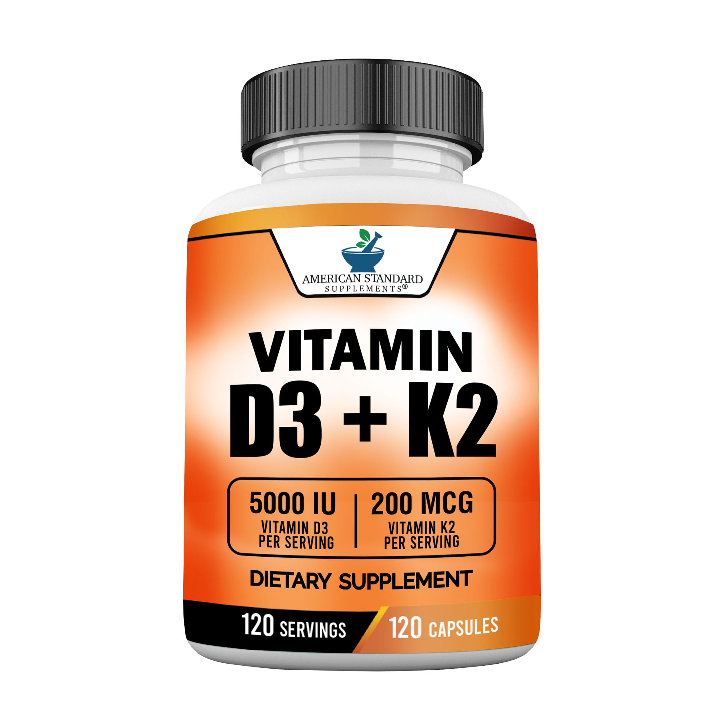 American Standard Supplements Vitamina D3 y K2, botella frontal, apoyo diario de bienestar.