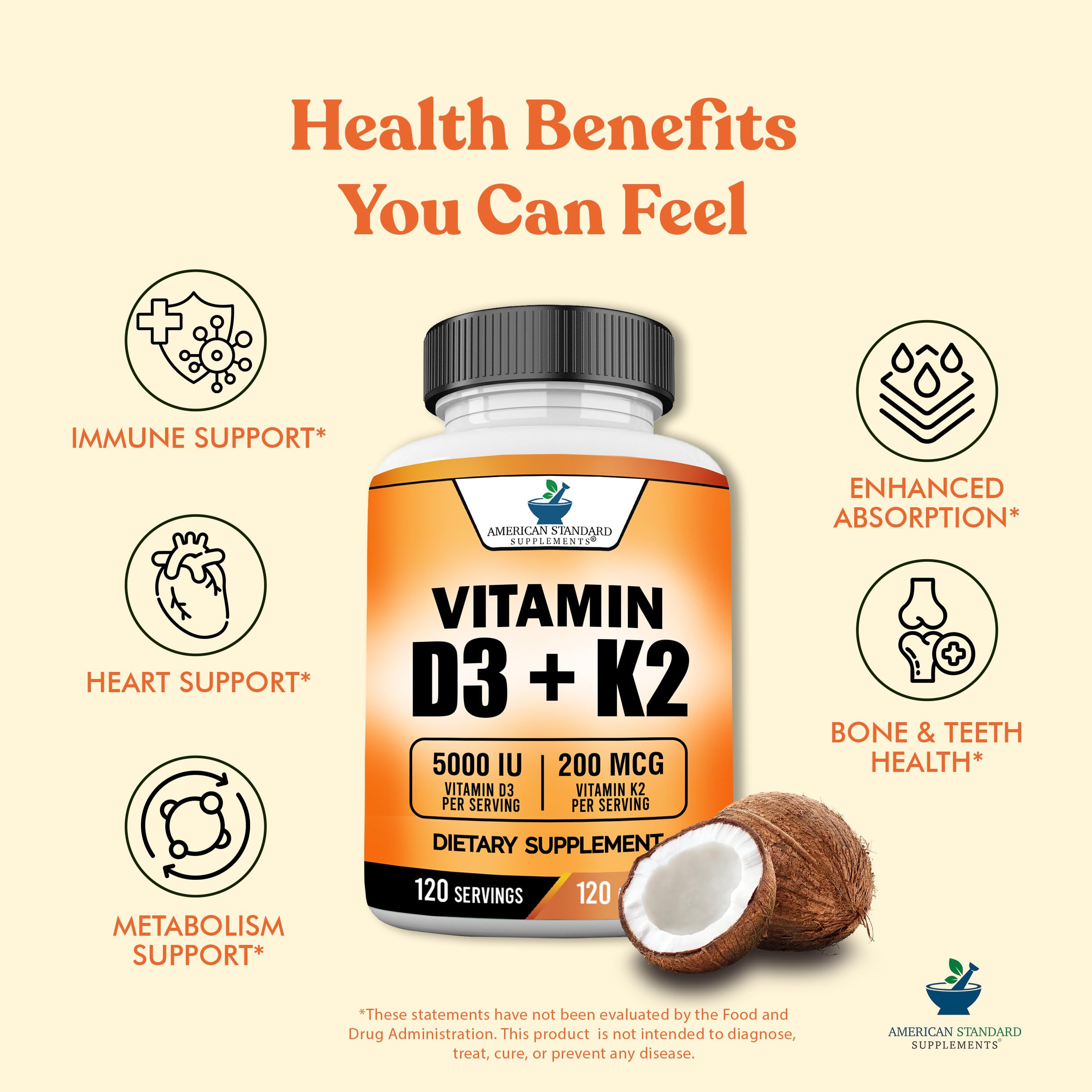 American Standard Supplements Vitamina D3 y K2, etiqueta legible, ingredientes no transgénicos.