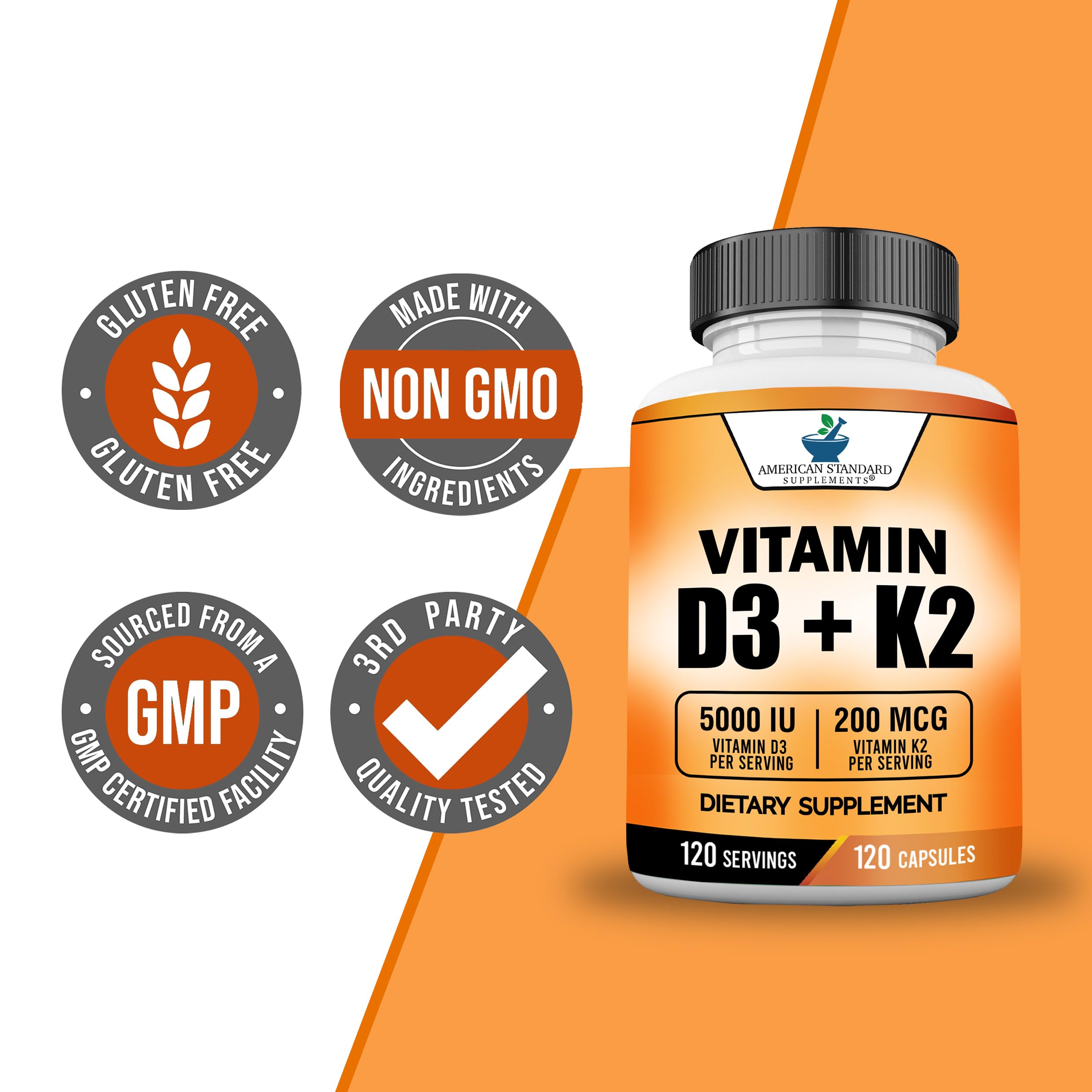 American Standard Supplements Vitamina D3 y K2, cápsulas listas para el día a día.
