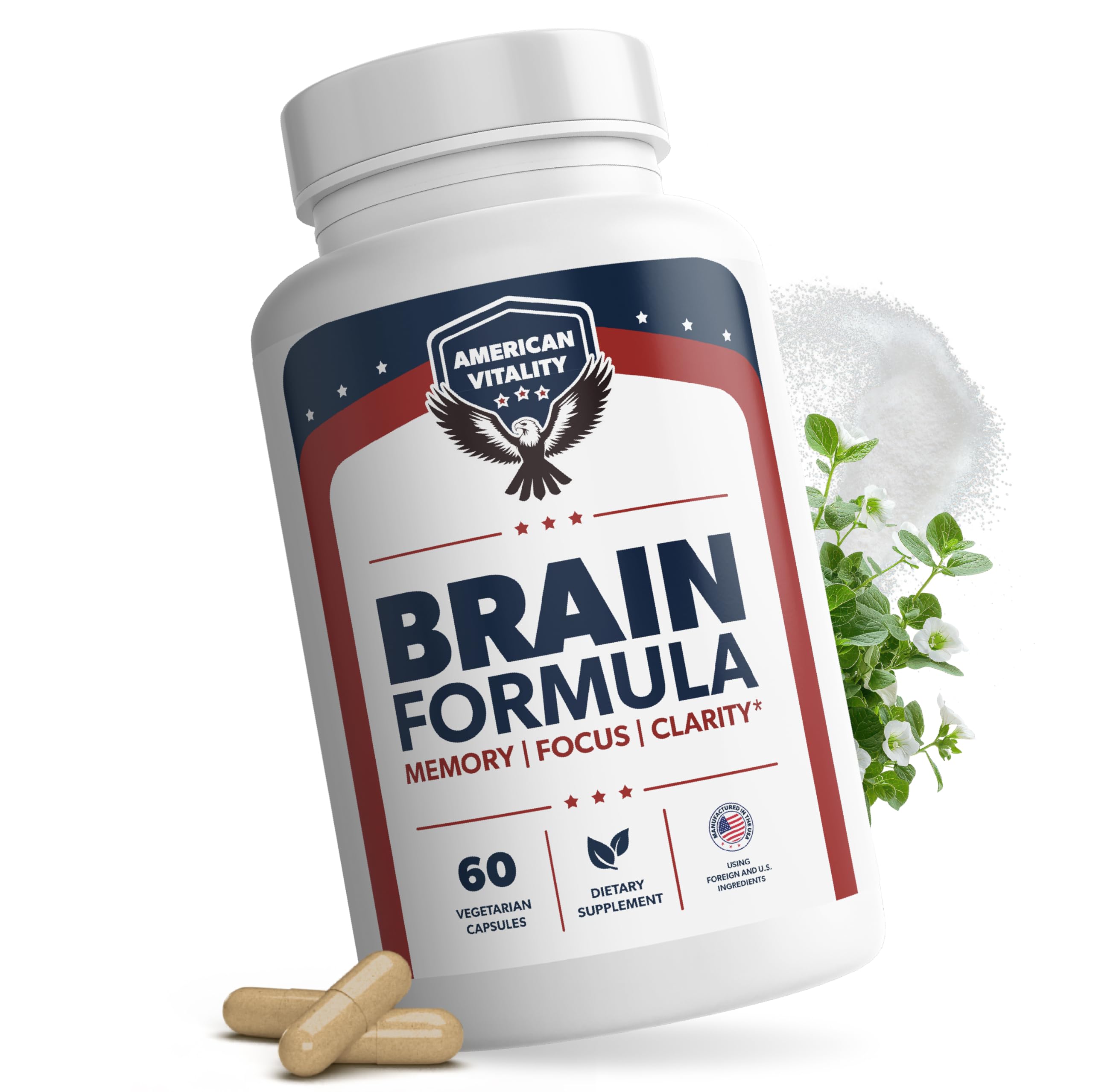Fórmula cerebral de American Vitality: botella con cápsulas para claridad mental diaria.