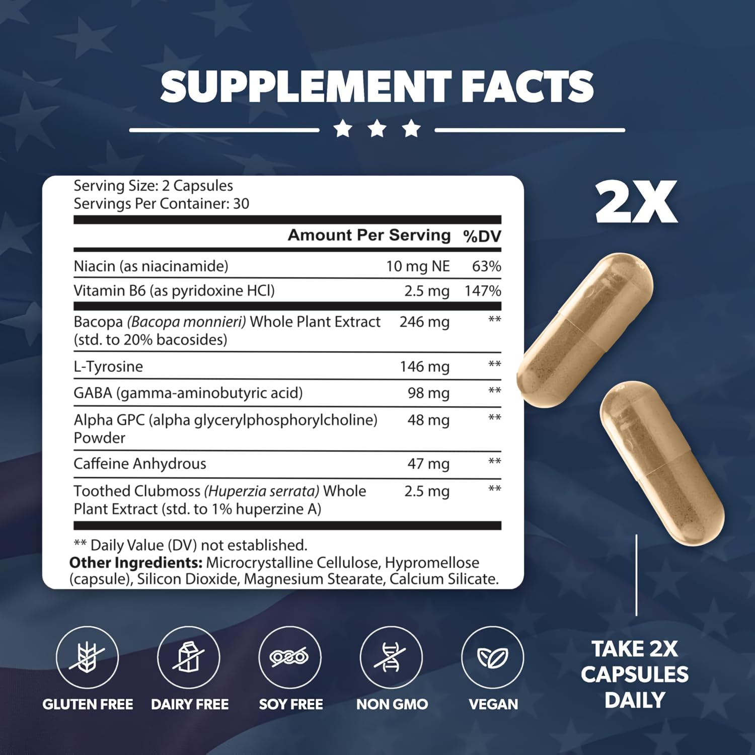 American Vitality Fórmula Cerebral: ingredientes clave para rendimiento mental.
