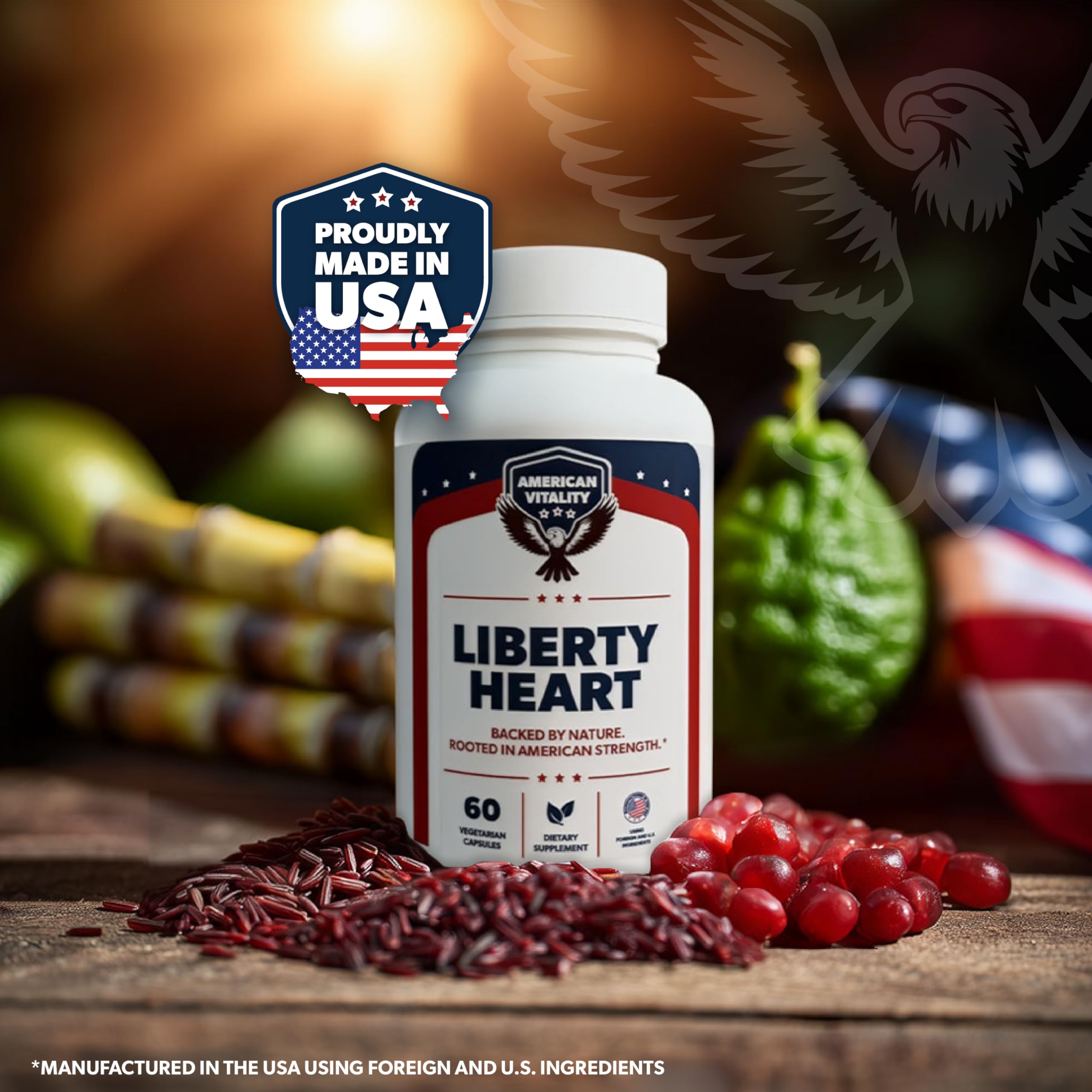 Liberty Heart de AMERICAN VITALITY: arroz de levadura roja visible, apoyo a lípidos normales.