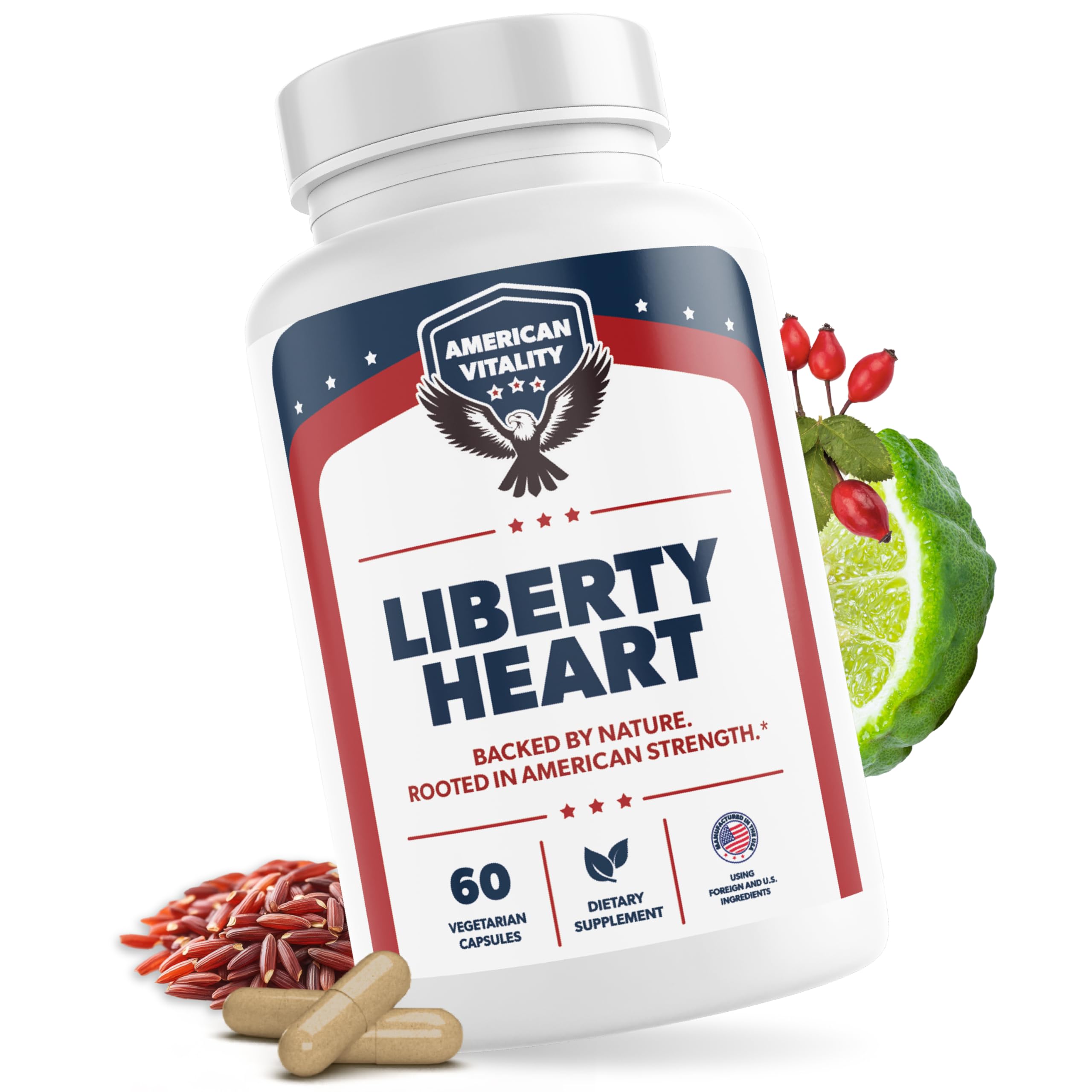 Liberty Heart de AMERICAN VITALITY: botella frontal para la rutina diaria de salud cardíaca.