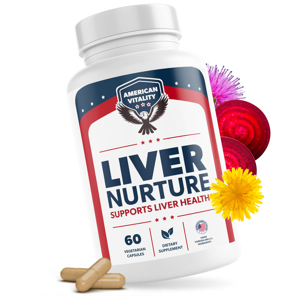 AMERICAN VITALITY Liver Nurture, bote frente: posible apoyo diario a detox y balance digestivo.