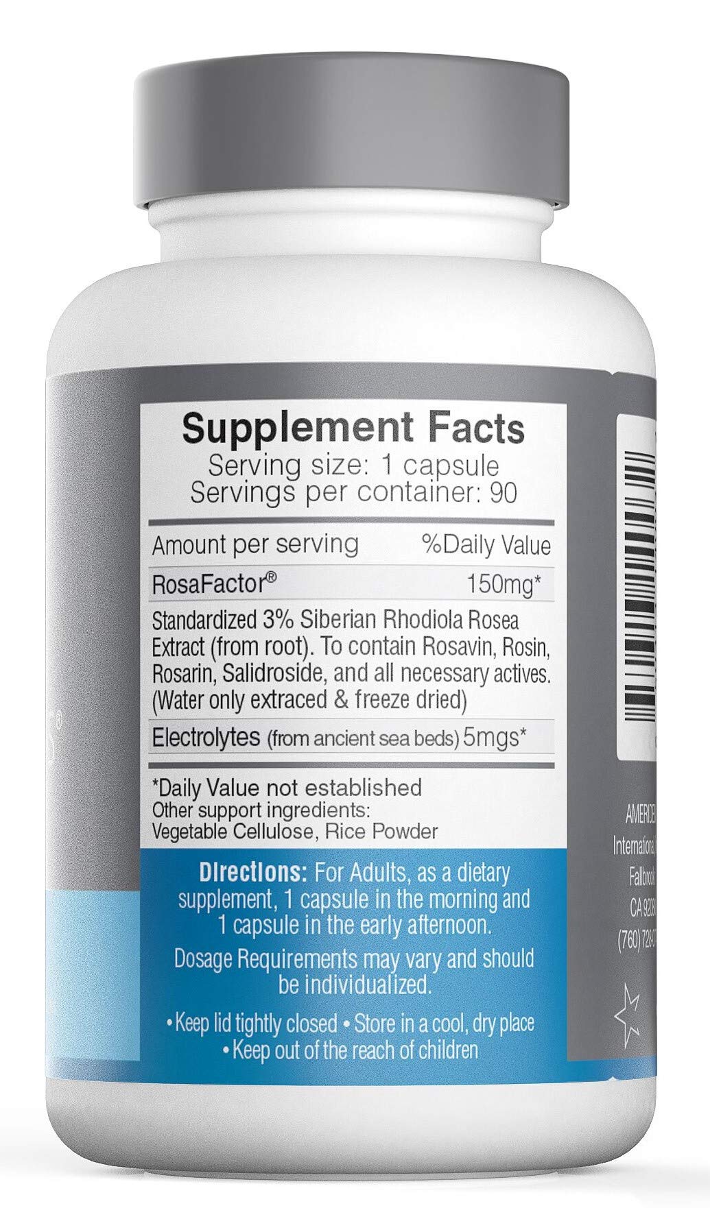 Botella de AMERIDEN Rosavin Plus, cápsulas para enfoque mental y resistencia.