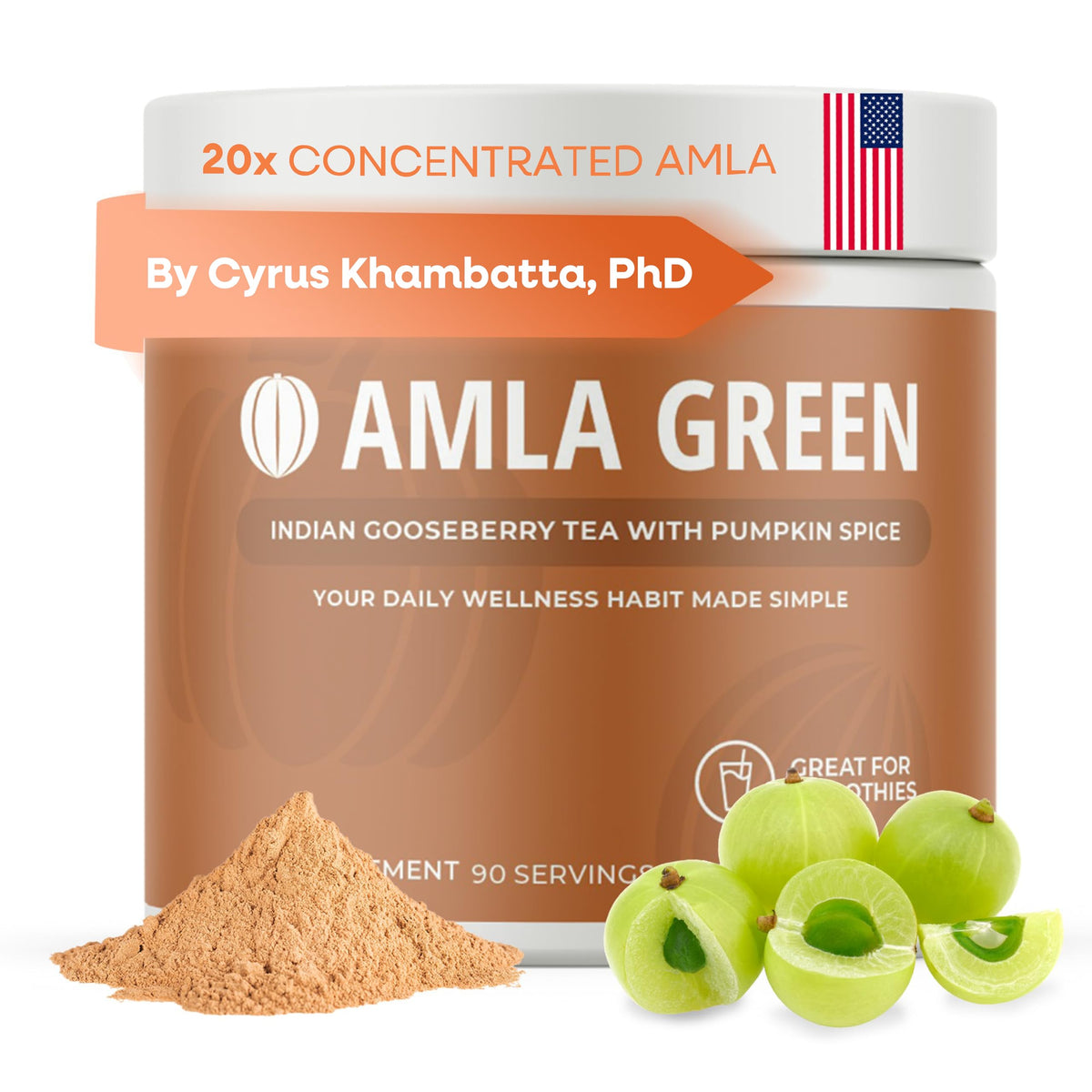 Amla Green polvo especias calabaza, ideal para batidos nutritivos.
