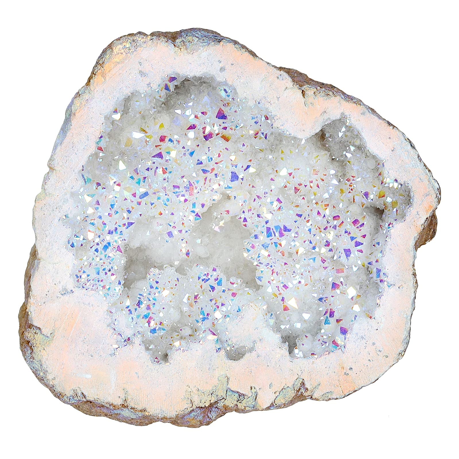 Geoda Amogeeli irregular de cristal titaniado, ideal para decoración de escritorio.