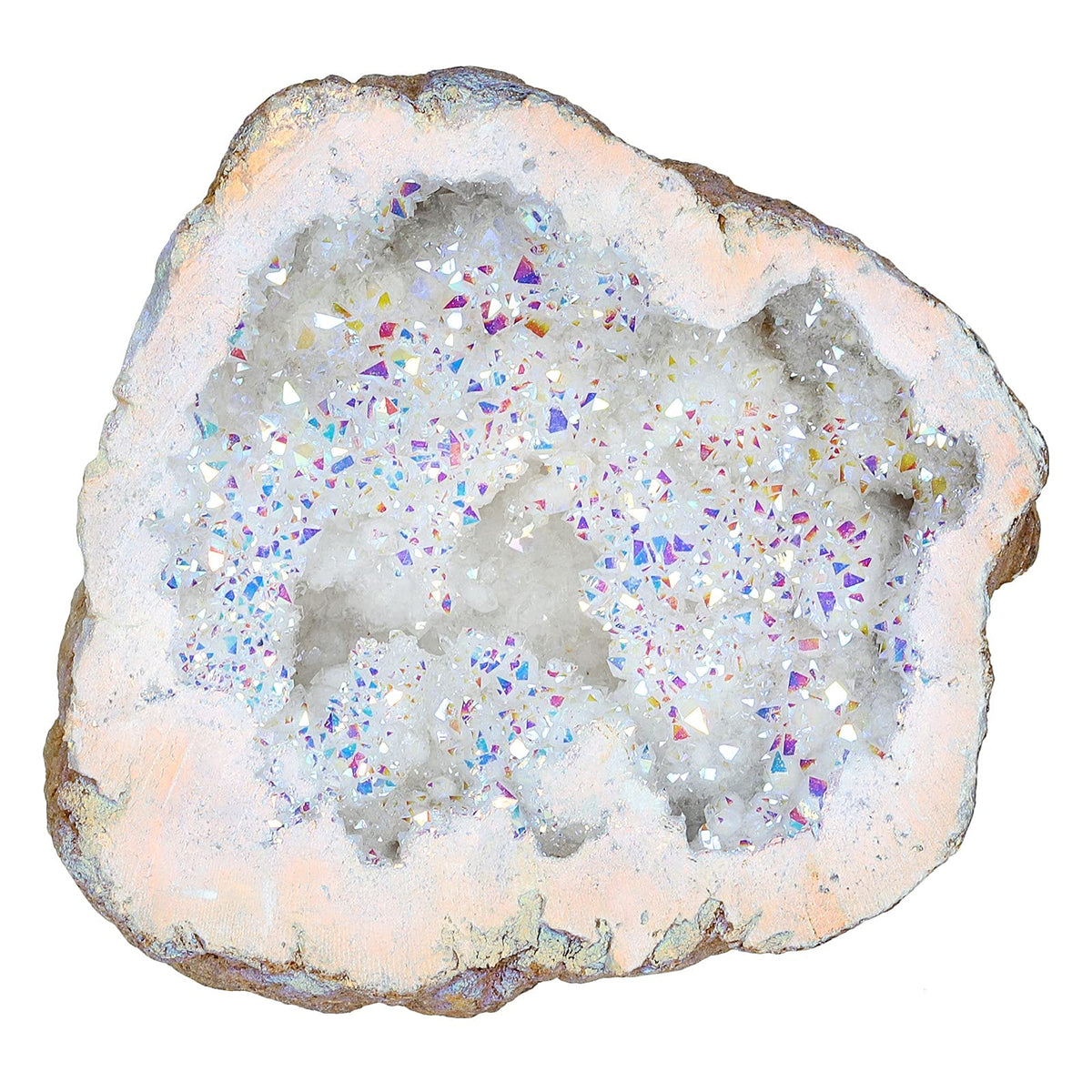 Geoda Amogeeli irregular de cristal titaniado, ideal para decoración de escritorio.