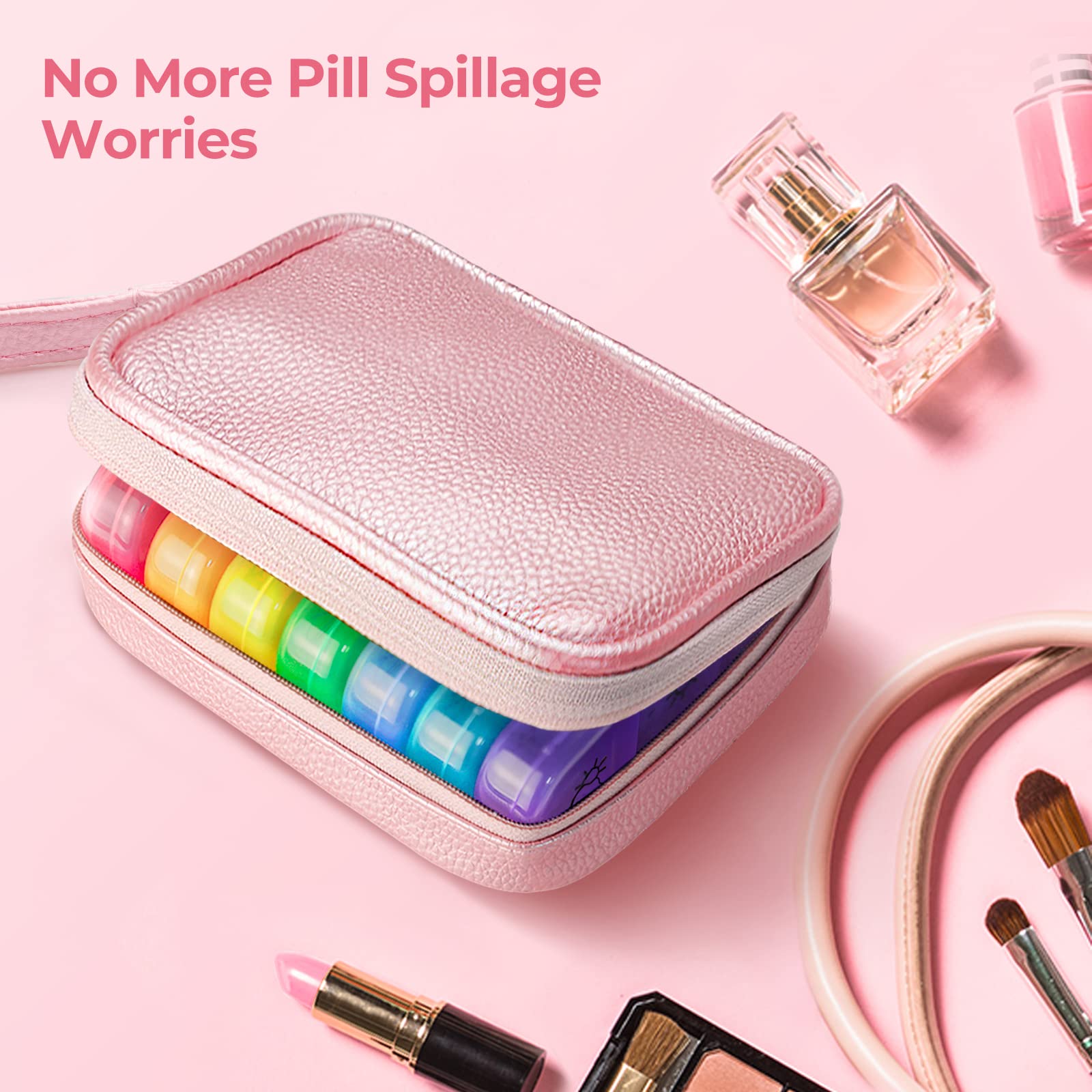 AMOOS bolso-portapildoras-rosado-con-cremallera, práctico para diario.