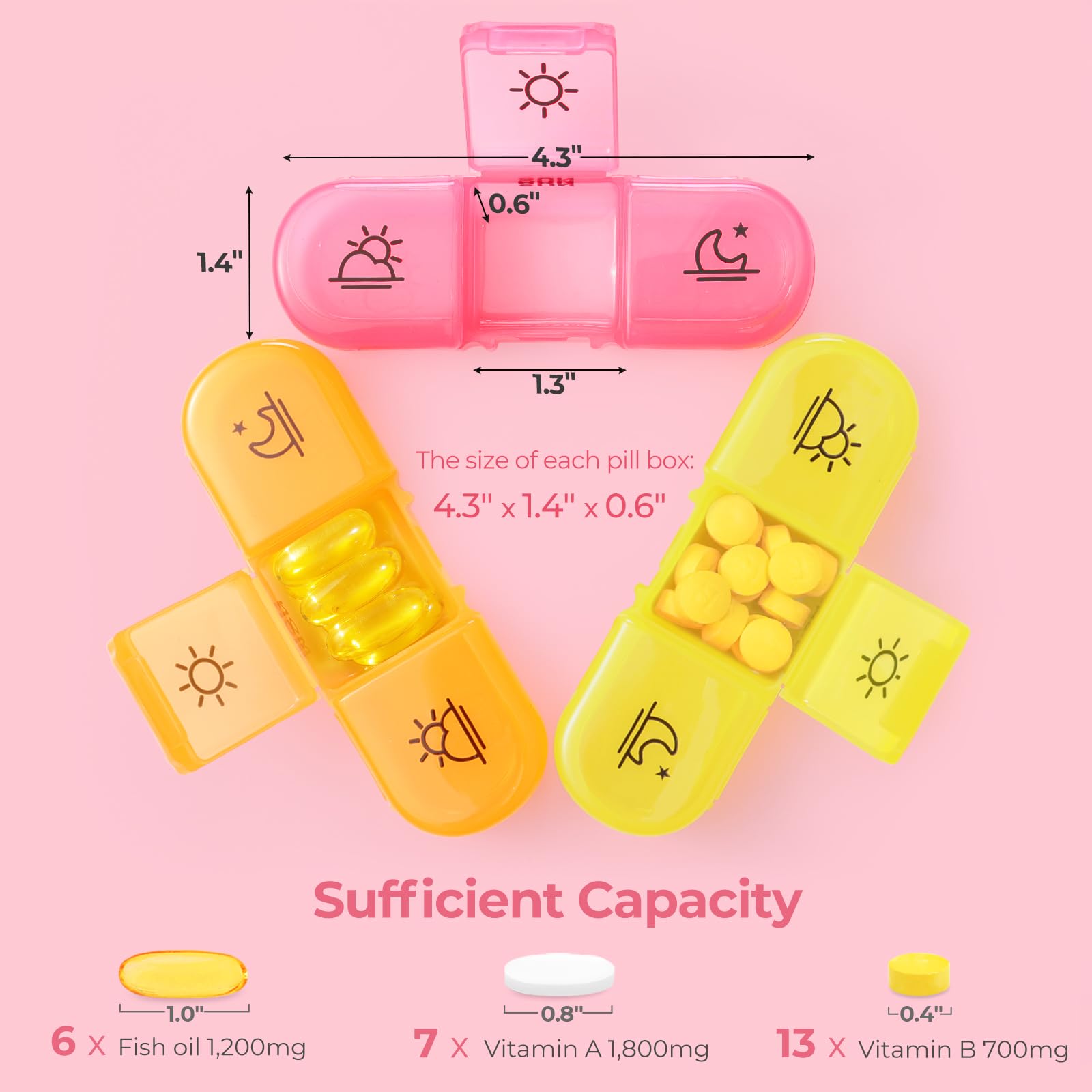 AMOOS alta-capacidad para vitaminas y suplementos en cada compartimento.