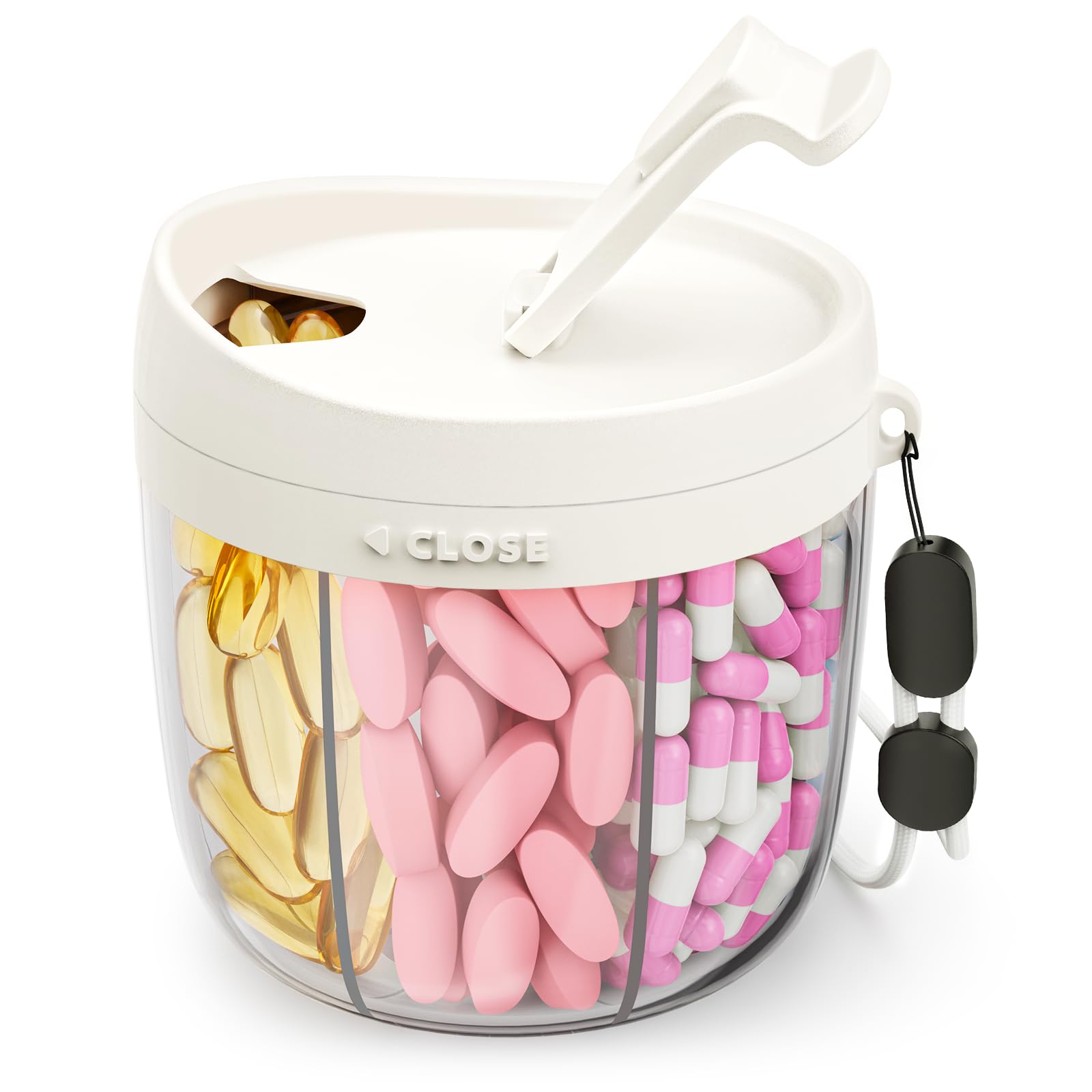 AMOOS dispensador de pastillas, vista superior, ideal para organizar suplementos.