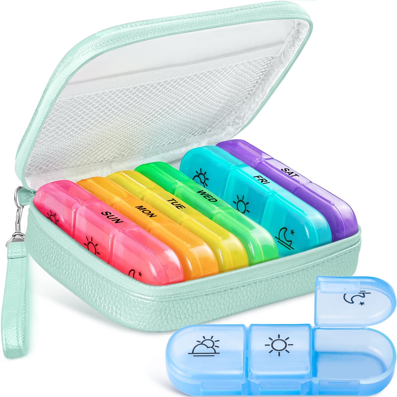 AMOOS organizador de píldoras azul cian, vista frontal, perfecto para llevar en el bolso.