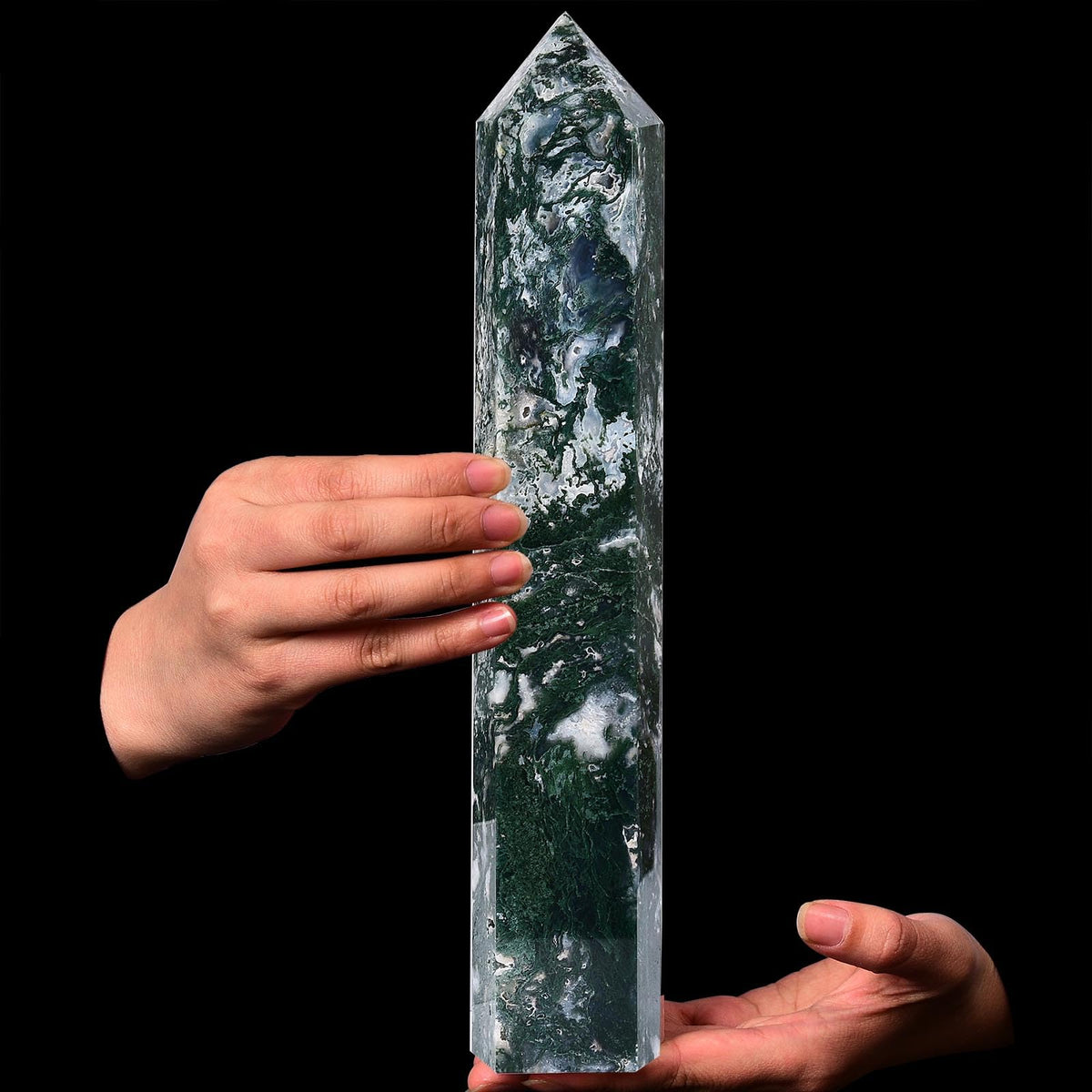 AMOYSTONE obelisco de ágata musgosa, enfoque de energía para meditaciones en casa.