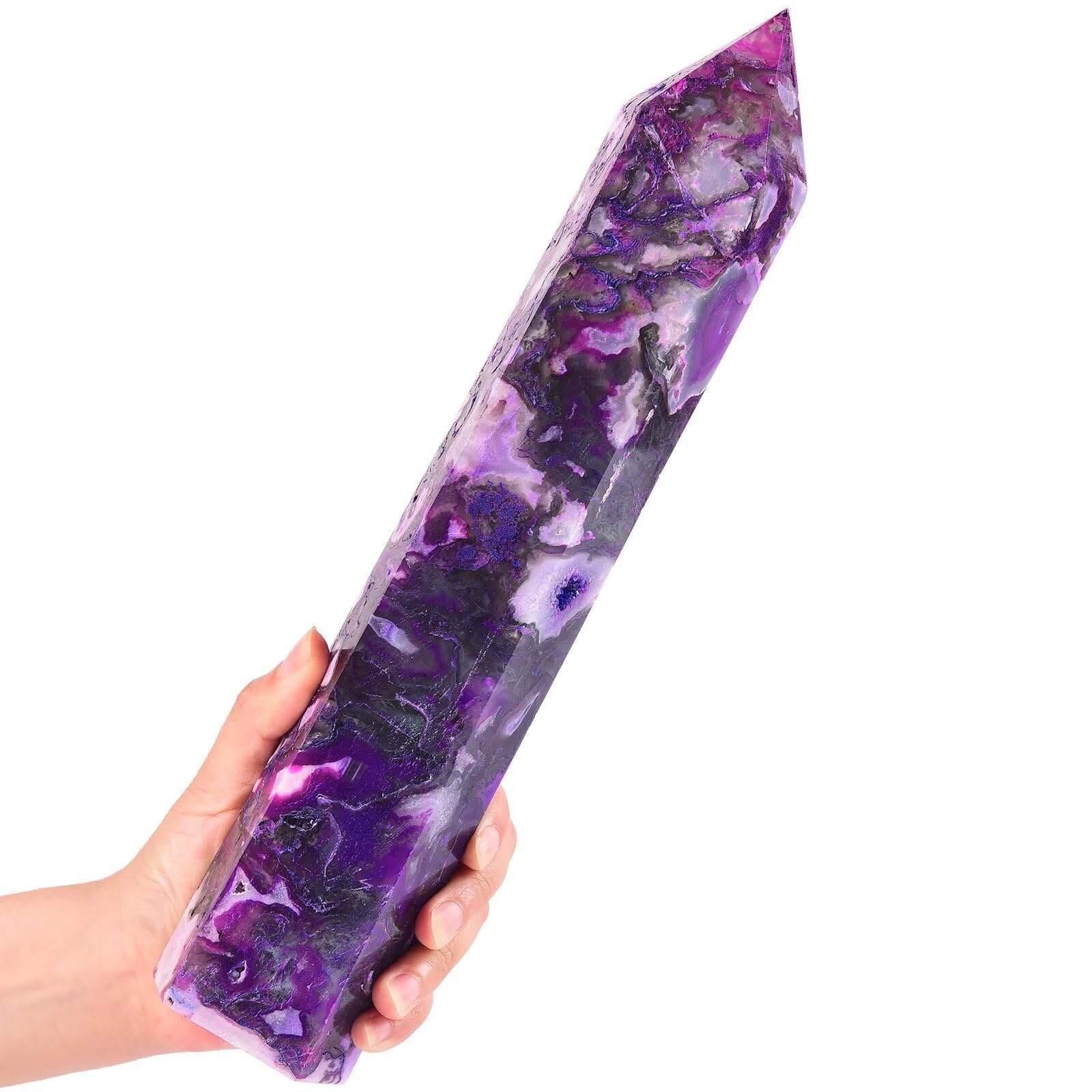 AMOYSTONE torre de ágata morada para focalizar energía durante Reiki y espiritualidad.
