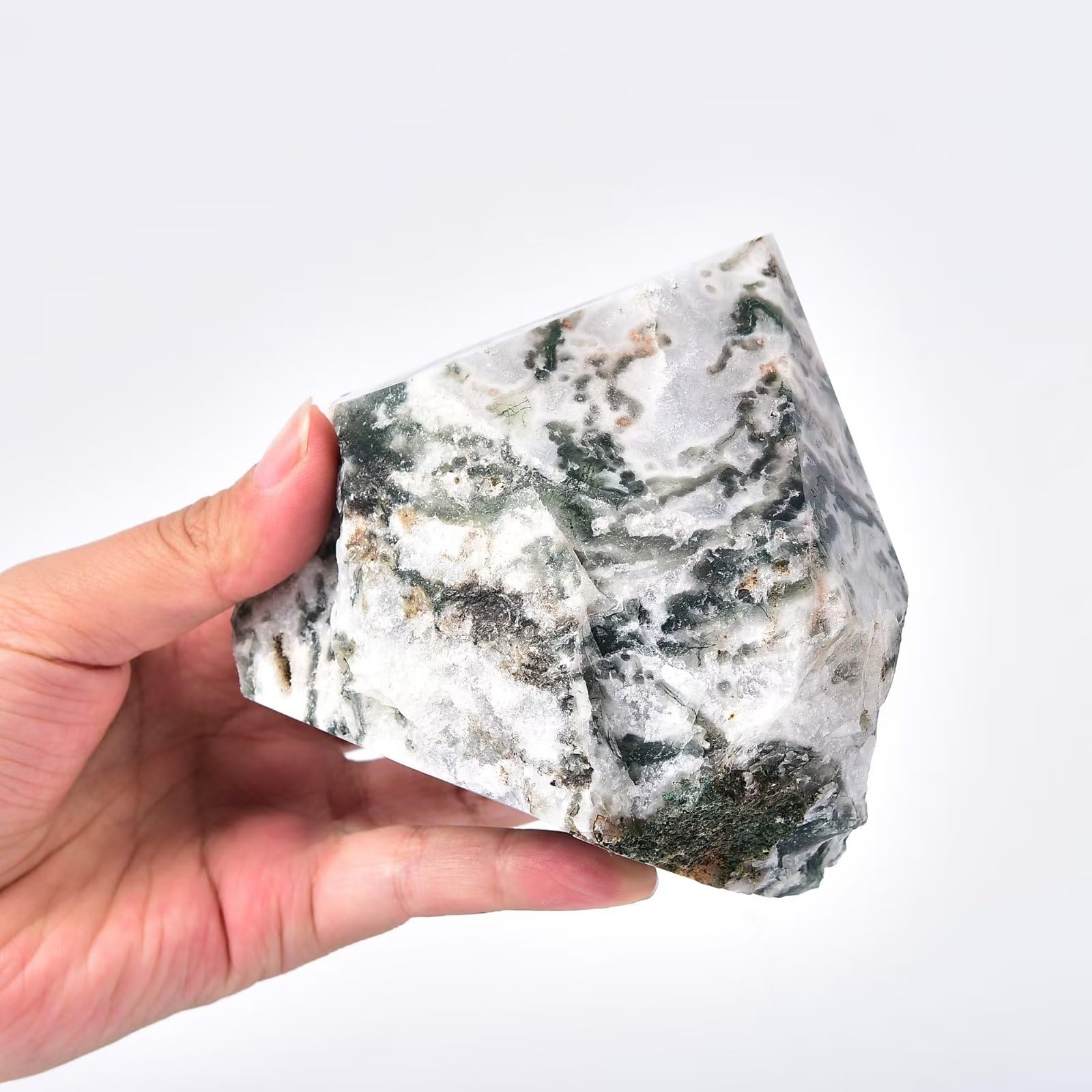 AMOYSTONE varita ágata musgo, vista frontal, ideal para meditación y calma.