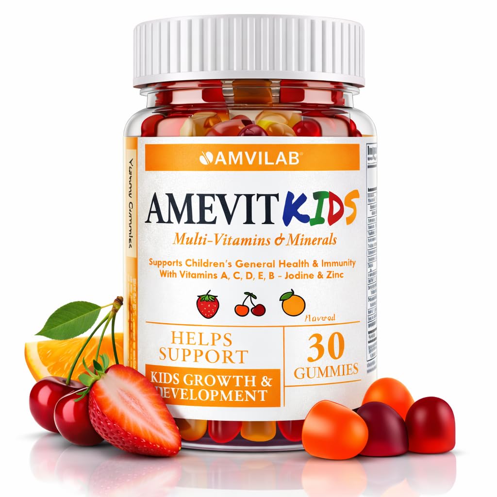 AMVILAB Amevit Kids Gummy frente al envase, apoyo diario para niños.