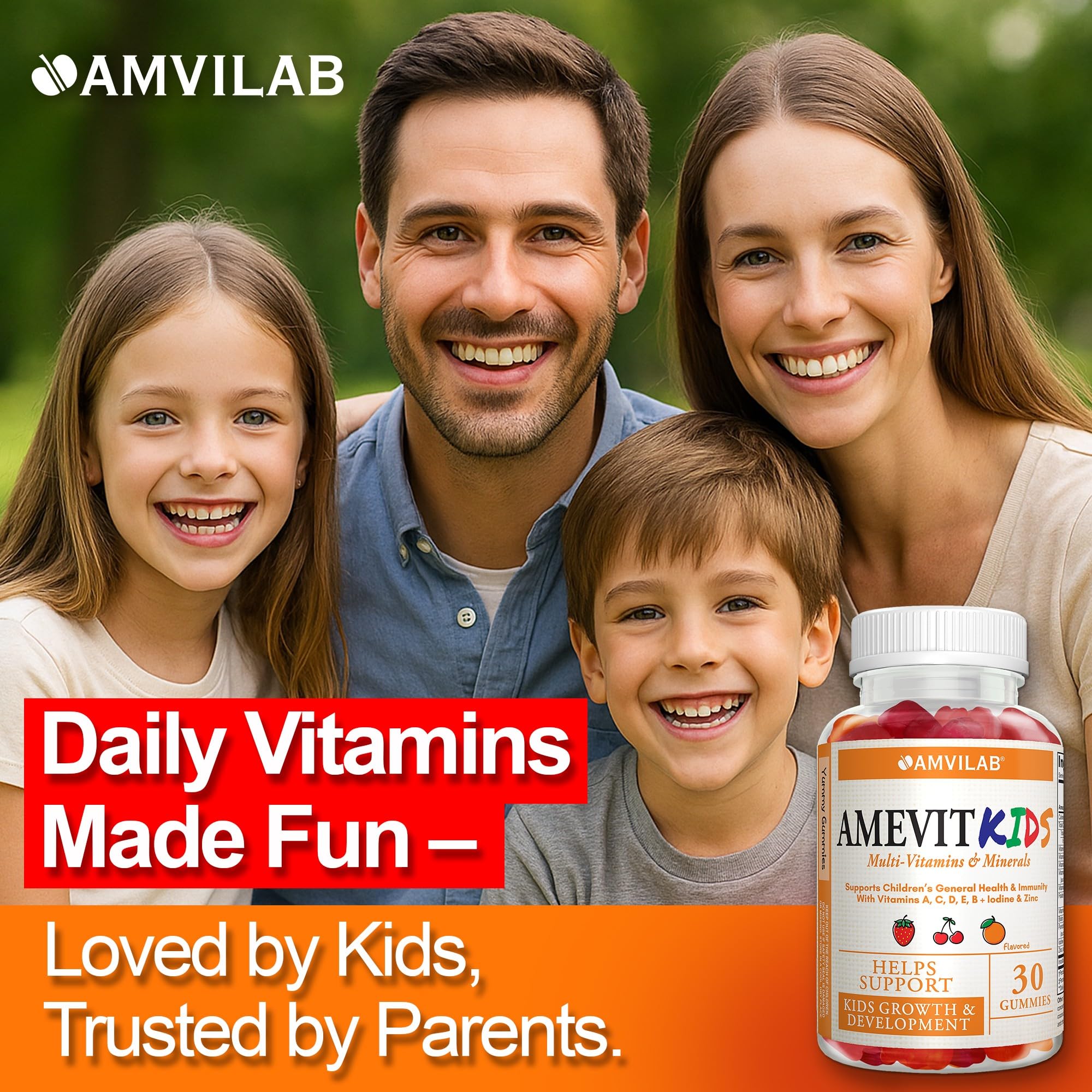 AMVILAB Amevit Kids Gummy, etiqueta nutricional clara para decisiones informadas.