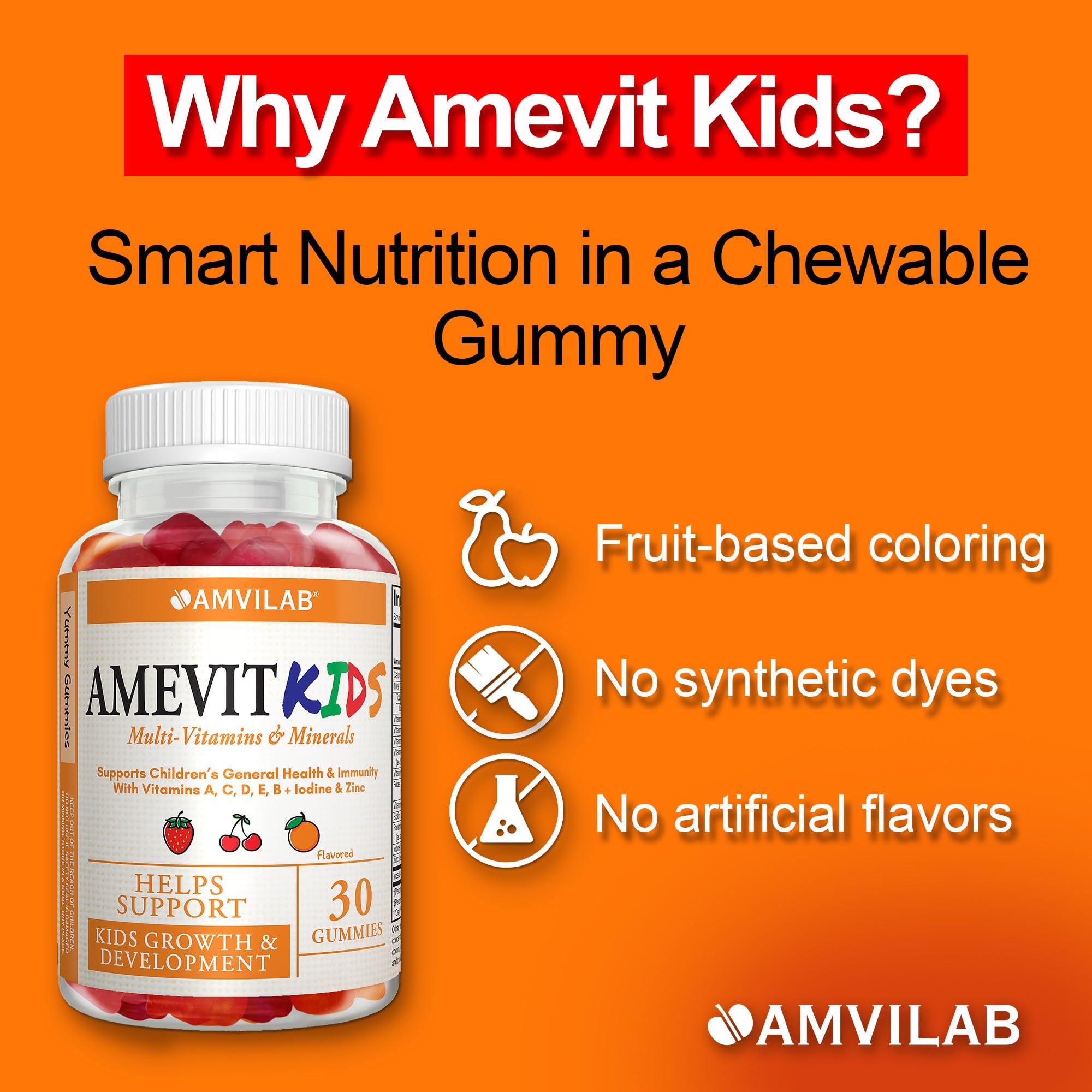 AMVILAB Amevit Kids Gummy, niño sonriendo tras tomar la gomita, sabor a fruta.