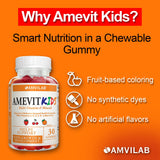AMVILAB Amevit Kids Gummy, niño sonriendo tras tomar la gomita, sabor a fruta.
