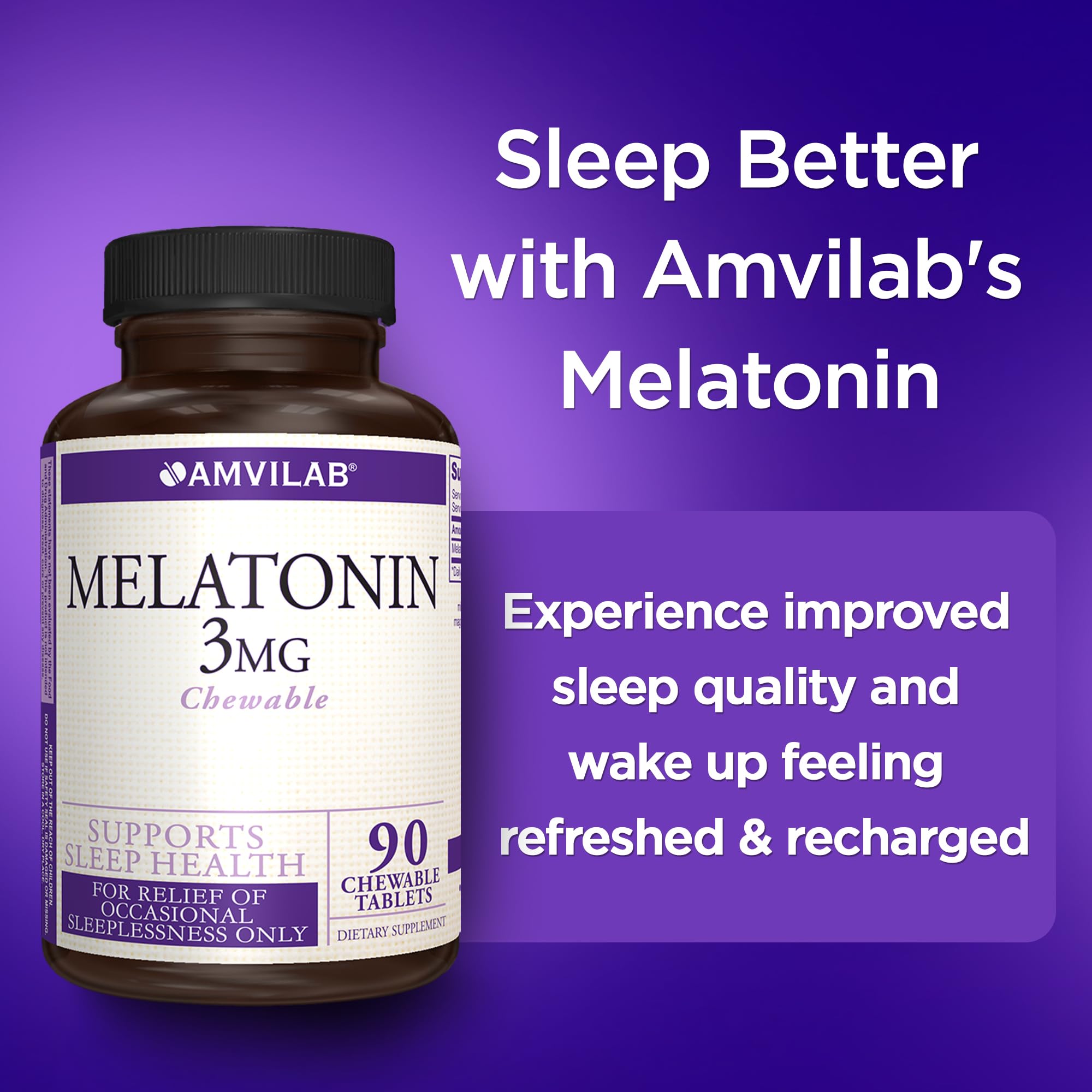 AMVILAB Melatonina 3 mg, tabletas masticables, sabor frambuesa, conveniente para viajes