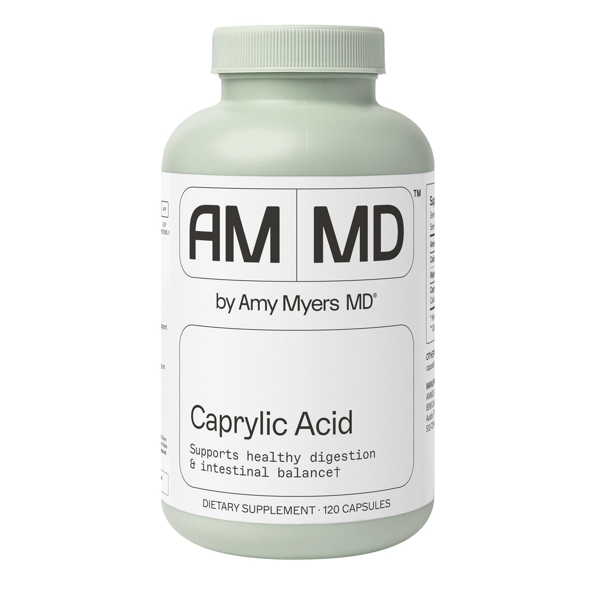 Amy Myers MD ácido caprílico: botella con etiqueta clara para uso diario.
