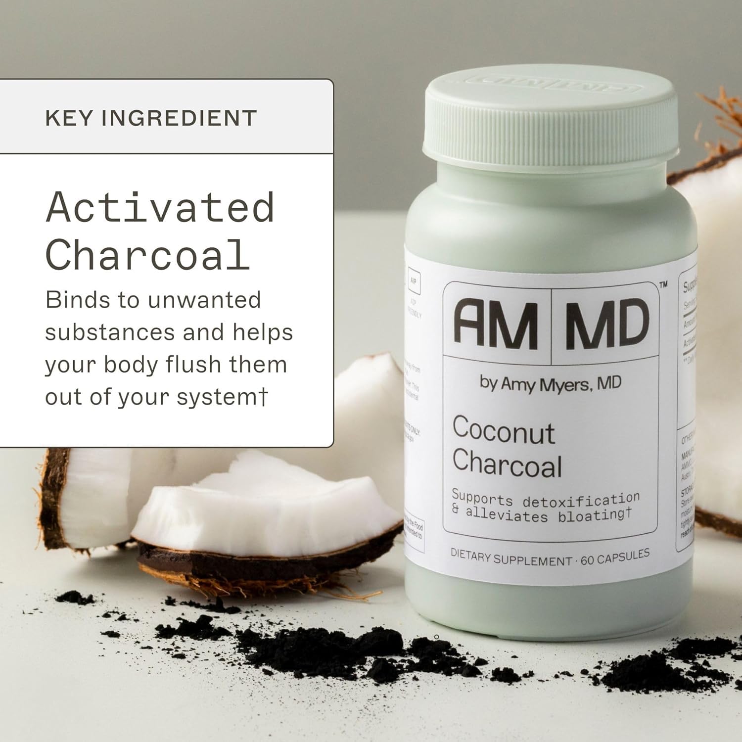 Amy Myers MD carbón activado de coco, caja del producto, desintoxicación natural potencial