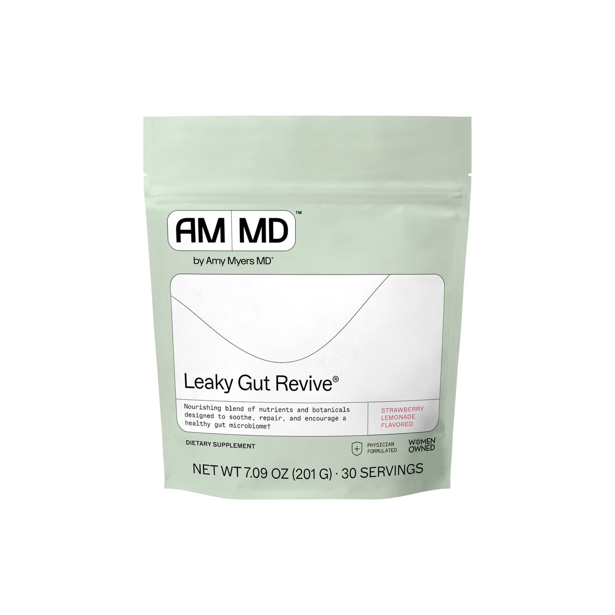 Amy Myers MD Leaky Gut Revive, bote en primer plano, apoyo suave para la salud intestinal.