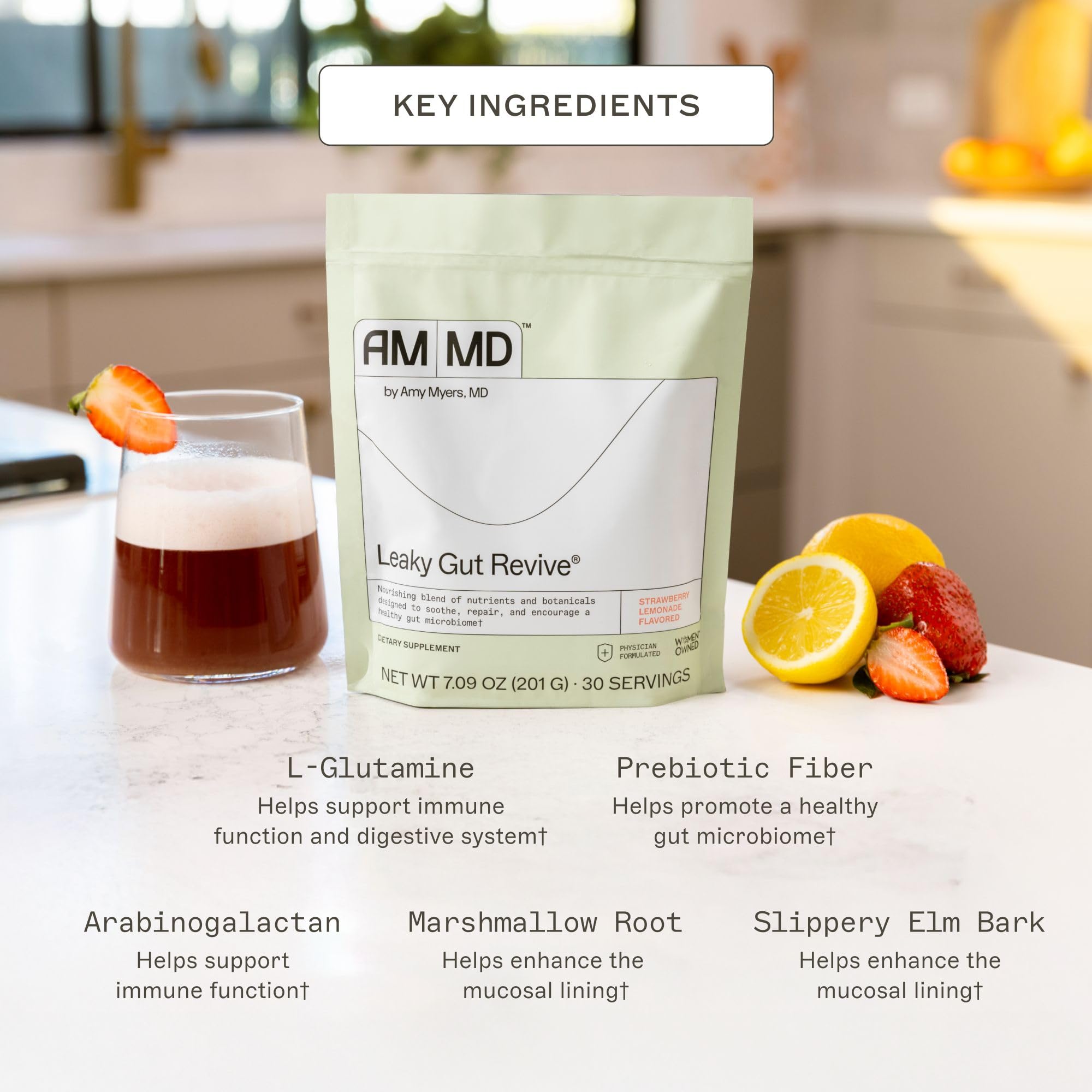 Amy Myers MD Leaky Gut Revive, ingredientes botánicos, apoyo a la microbiota intestinal.