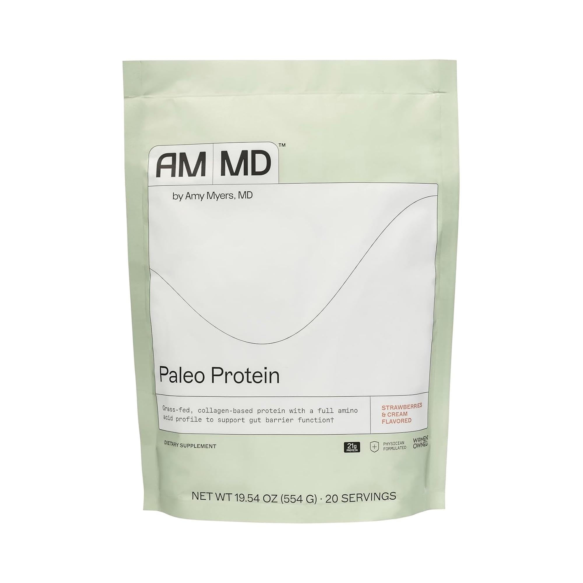 Amy Myers MD Paleo Protein Powder sabor fresa crema en taza para un batido suave por la mañana
