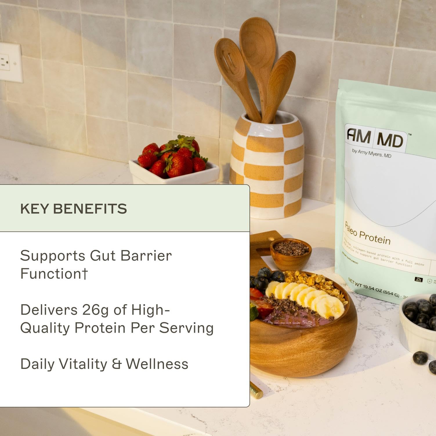 Proteína de res alimentada con pasto de Amy Myers MD Paleo Protein en frasco