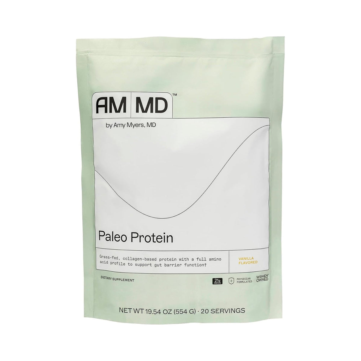 Envase de Amy Myers MD Paleo Protein Vanilla Bean, posible apoyo digestivo.