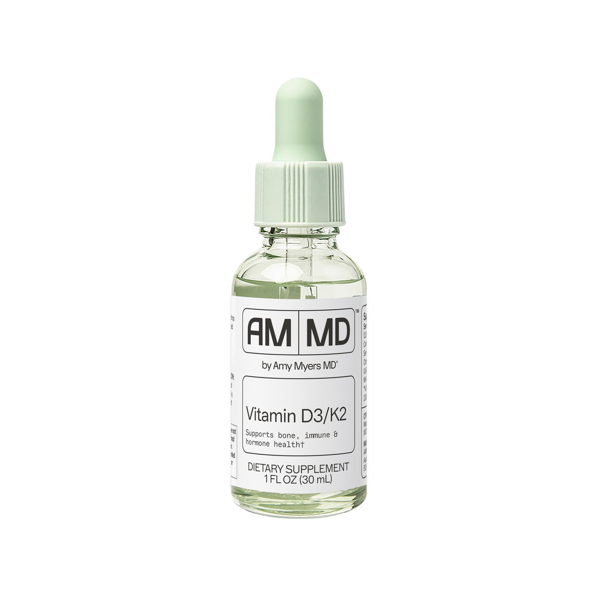 Vitamina D3/K2 de Amy Myers MD, botella vertiendo, apoyo óseo diario.